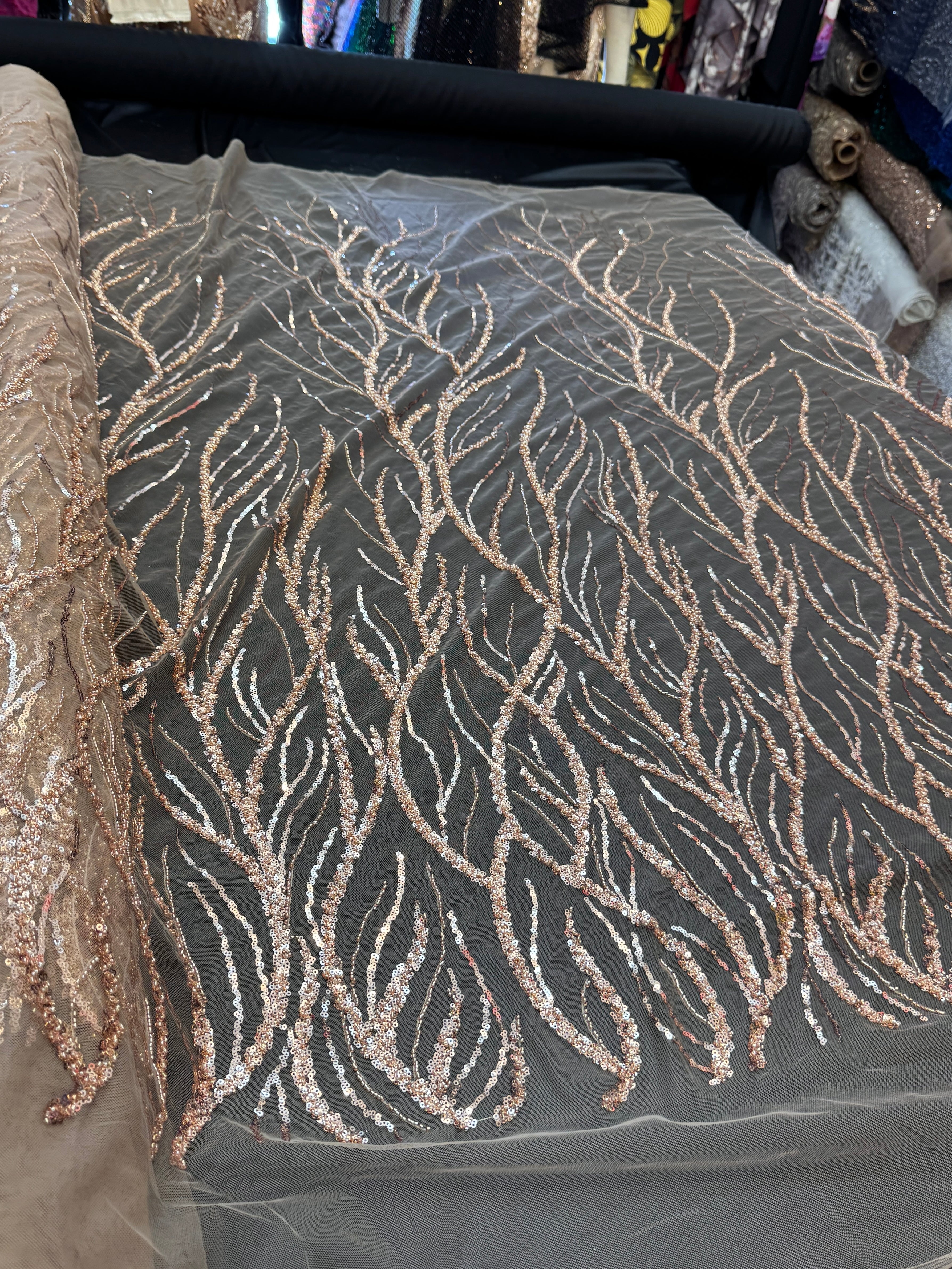 Gold Abstract Branch Beaded Sequin Lace on Mesh