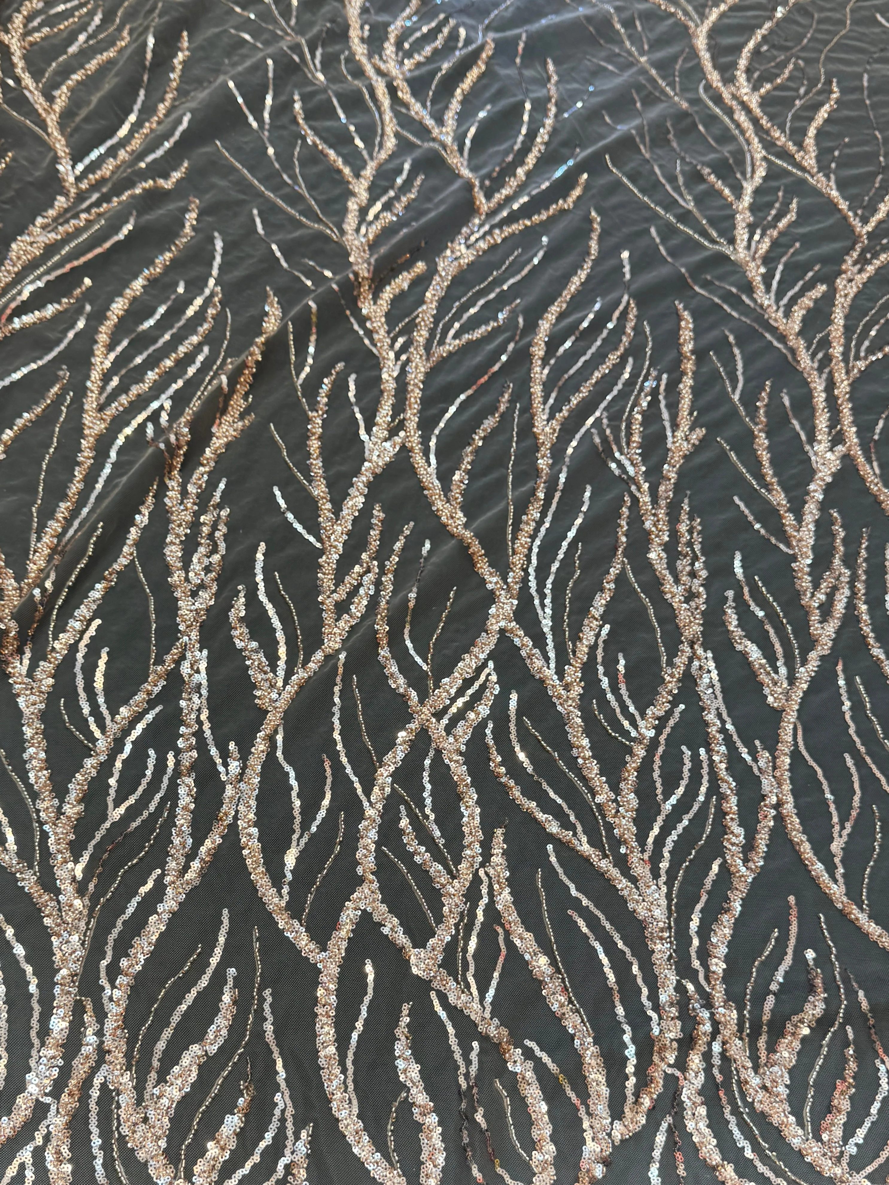Gold Abstract Branch Beaded Sequin Lace on Mesh - Image 2