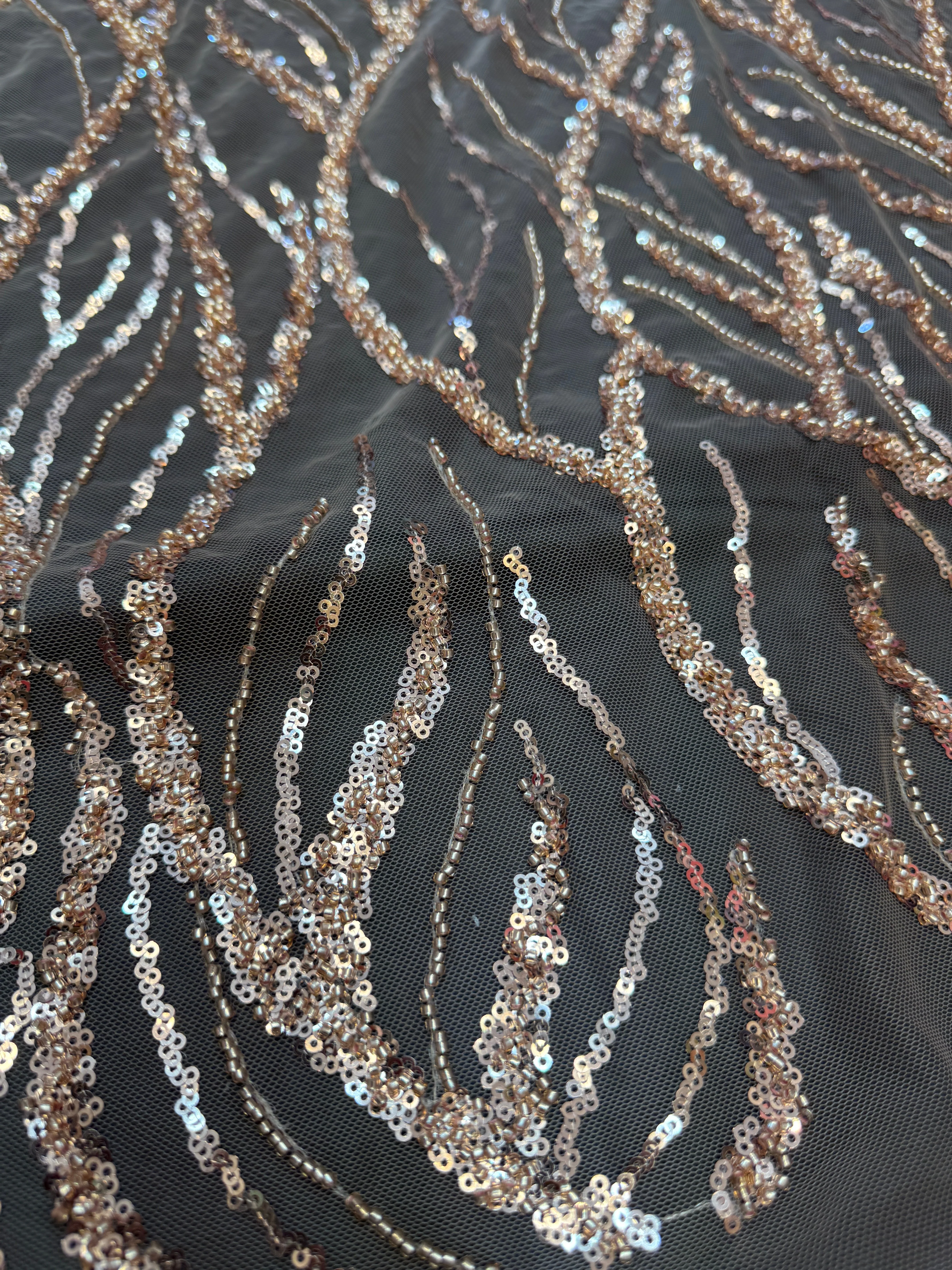 Gold Abstract Branch Beaded Sequin Lace on Mesh - Image 3