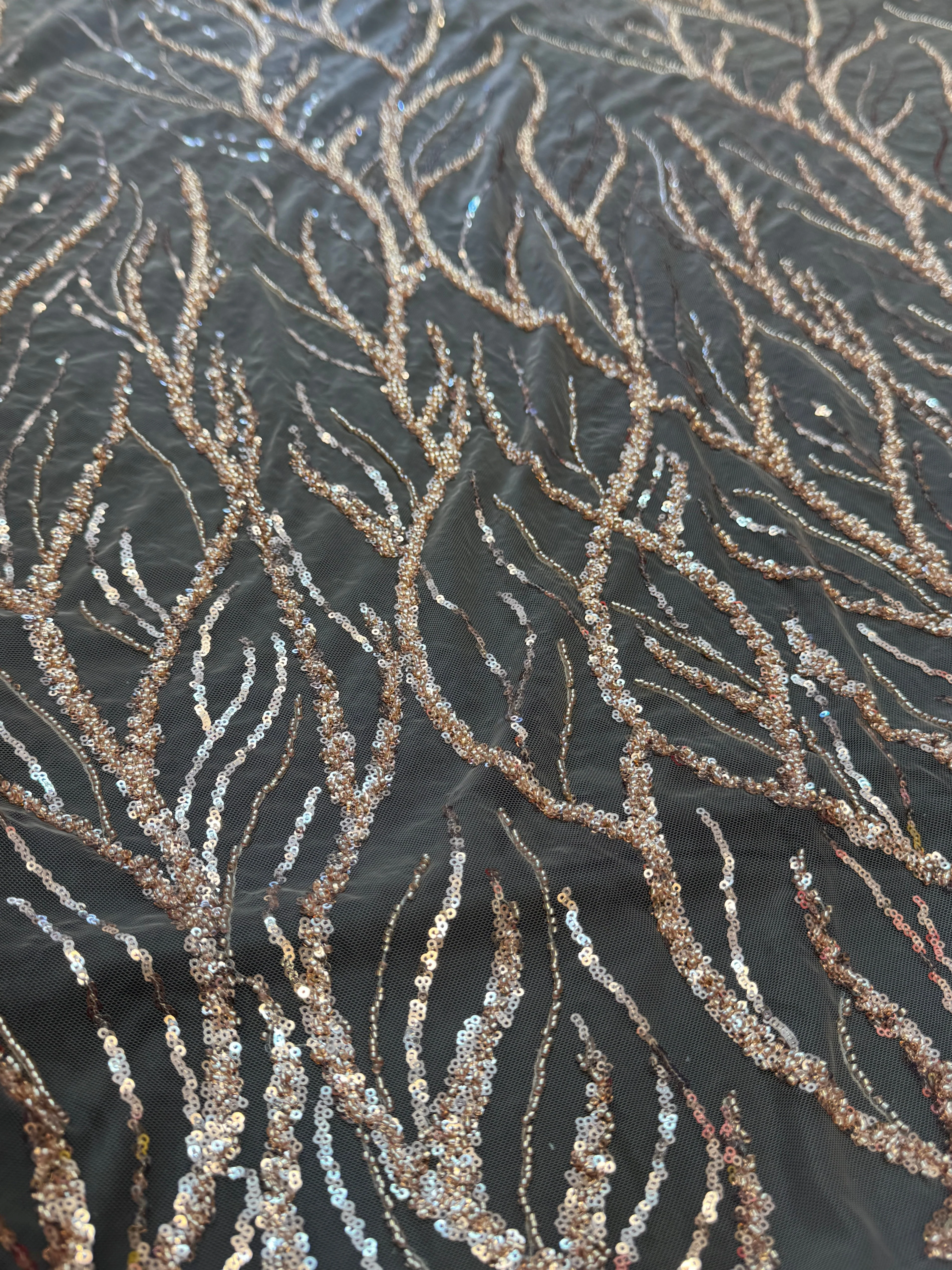 Gold Abstract Branch Beaded Sequin Lace on Mesh - Image 4