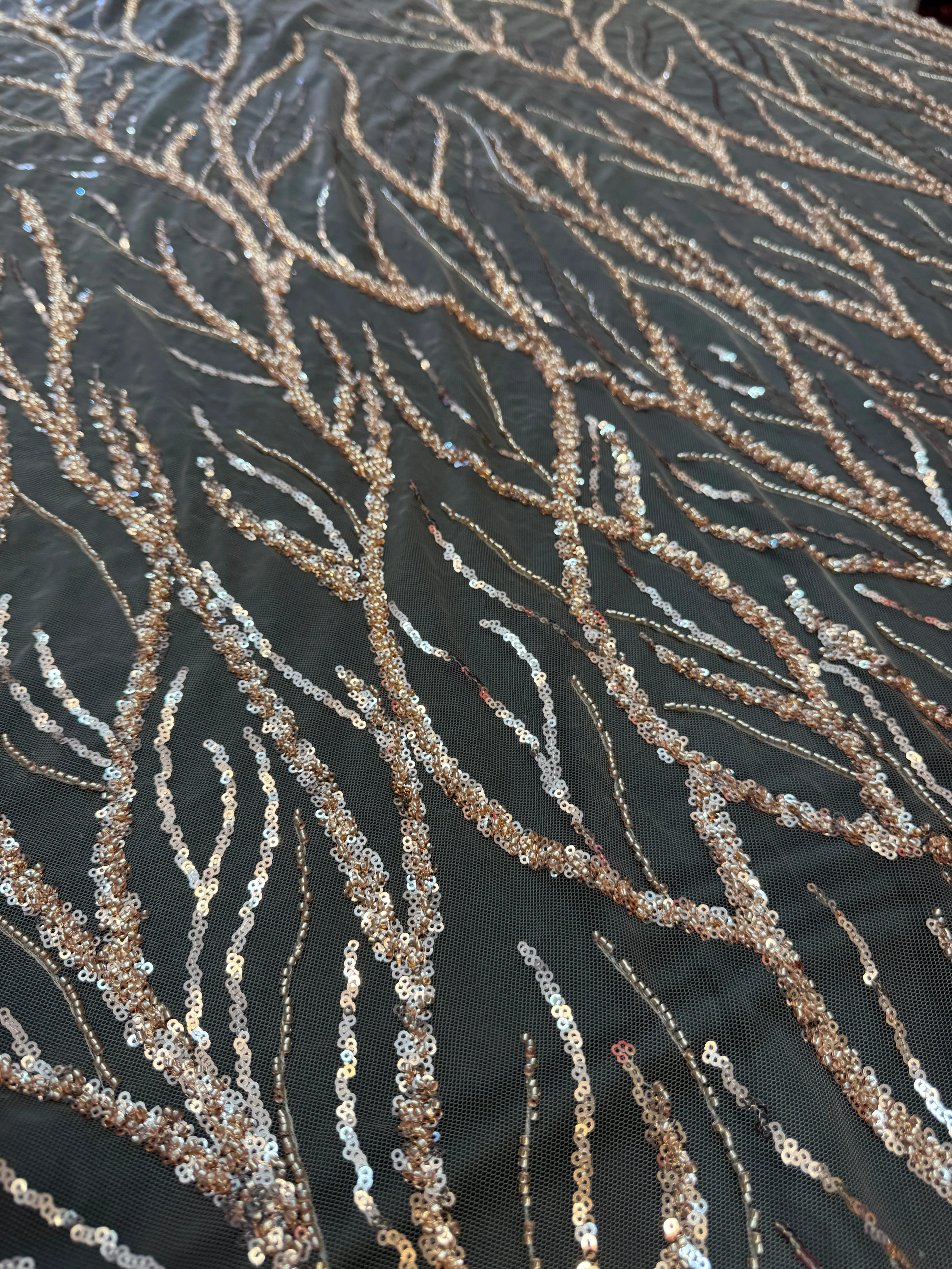 Gold Abstract Branch Beaded Sequin Lace on Mesh - Image 5