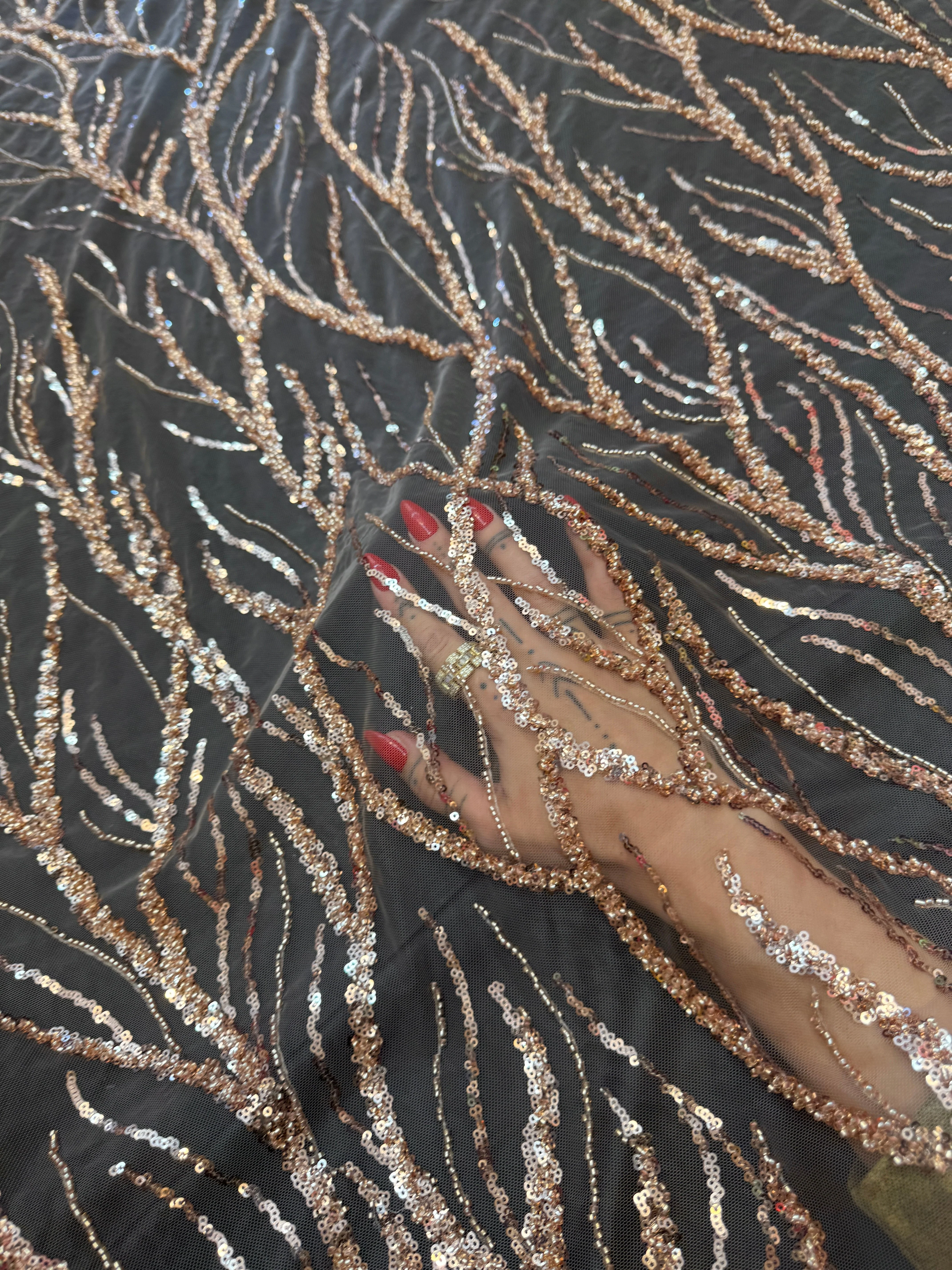 Gold Abstract Branch Beaded Sequin Lace on Mesh - Image 6