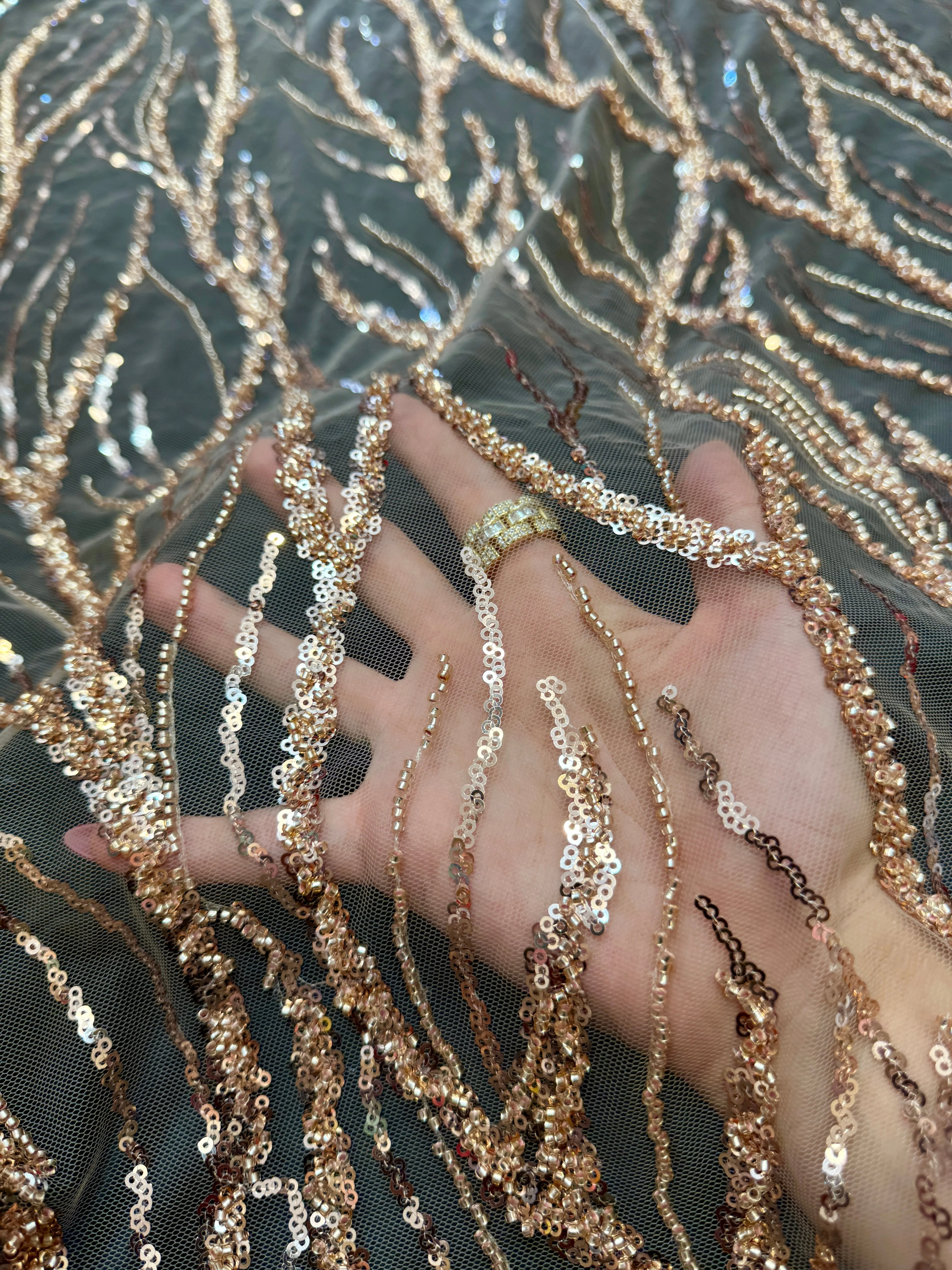 Gold Abstract Branch Beaded Sequin Lace on Mesh - Image 7