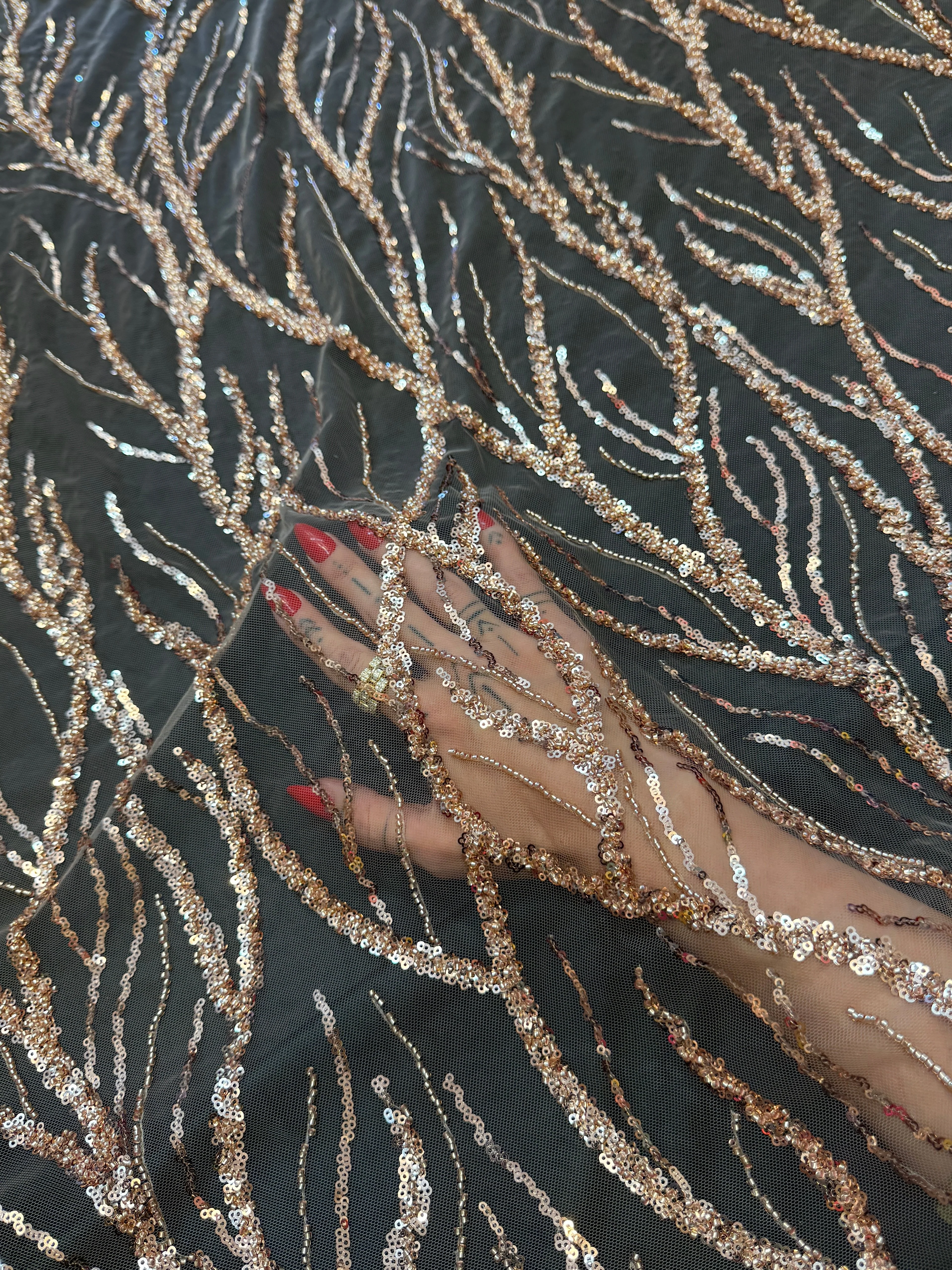 Gold Abstract Branch Beaded Sequin Lace on Mesh - Image 8