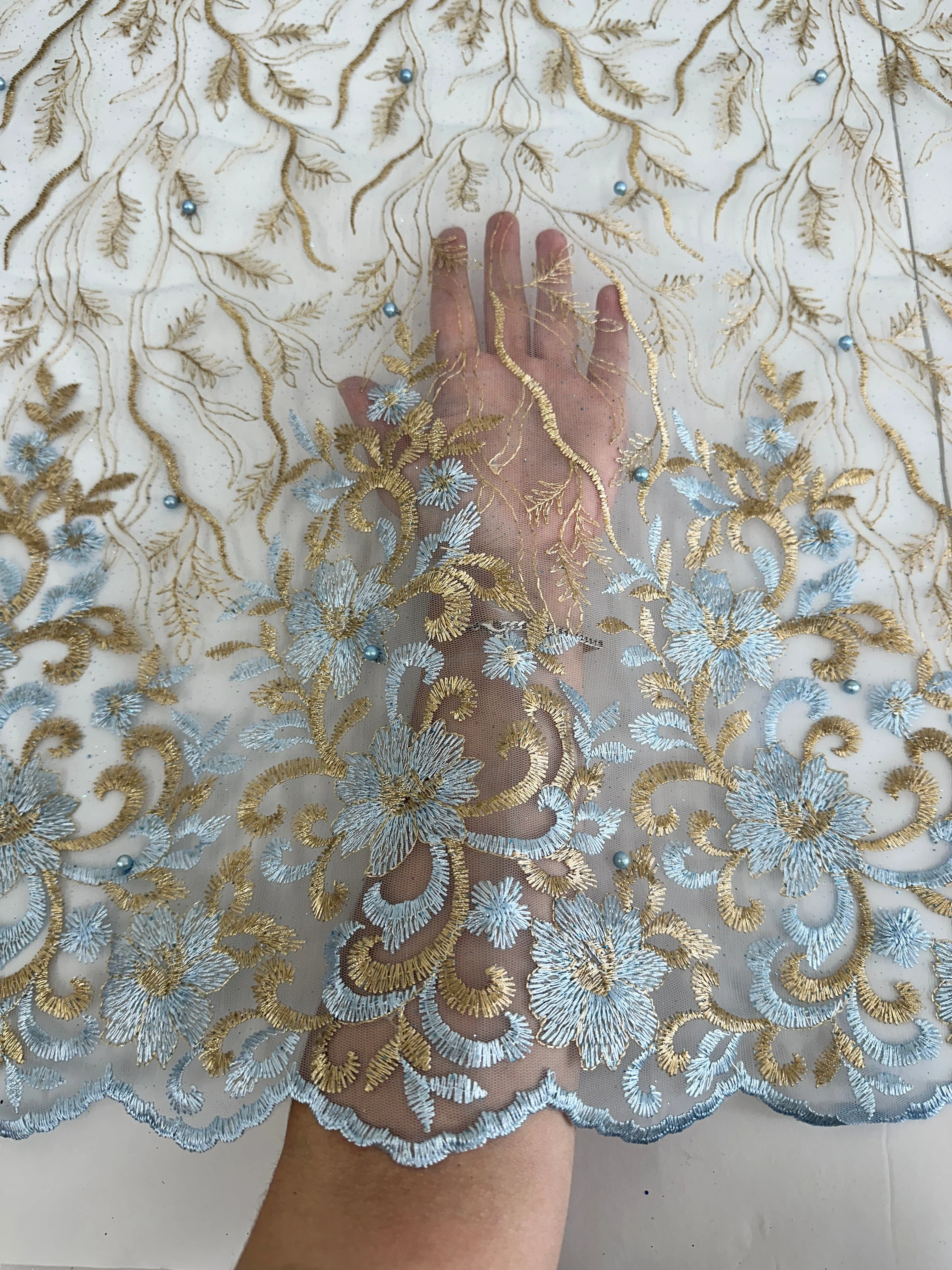 Gold-Baby Blue Embroidered Glitter Floral Scalloped Lace