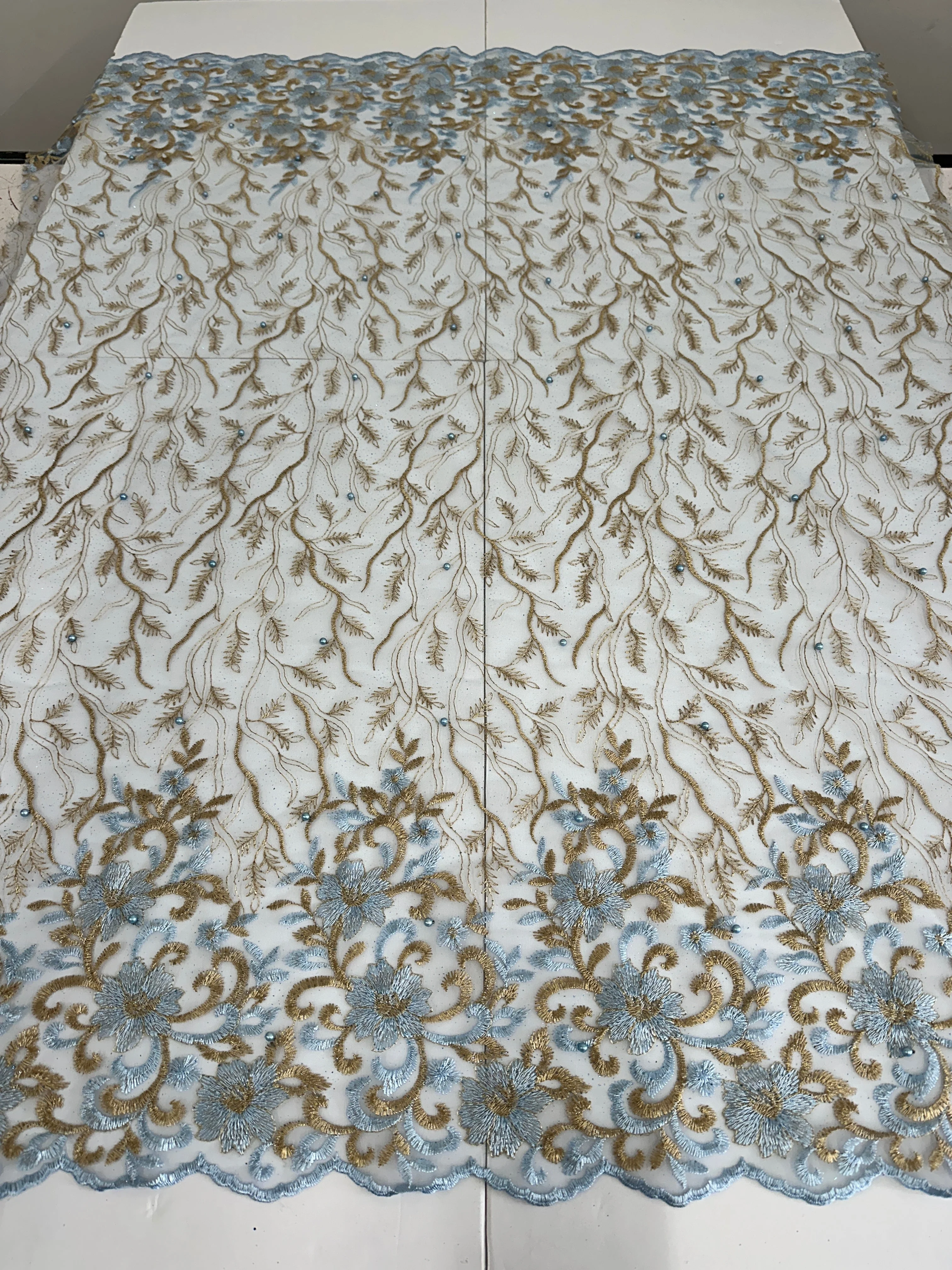Gold-Baby Blue Embroidered Glitter Floral Scalloped Lace - Image 2