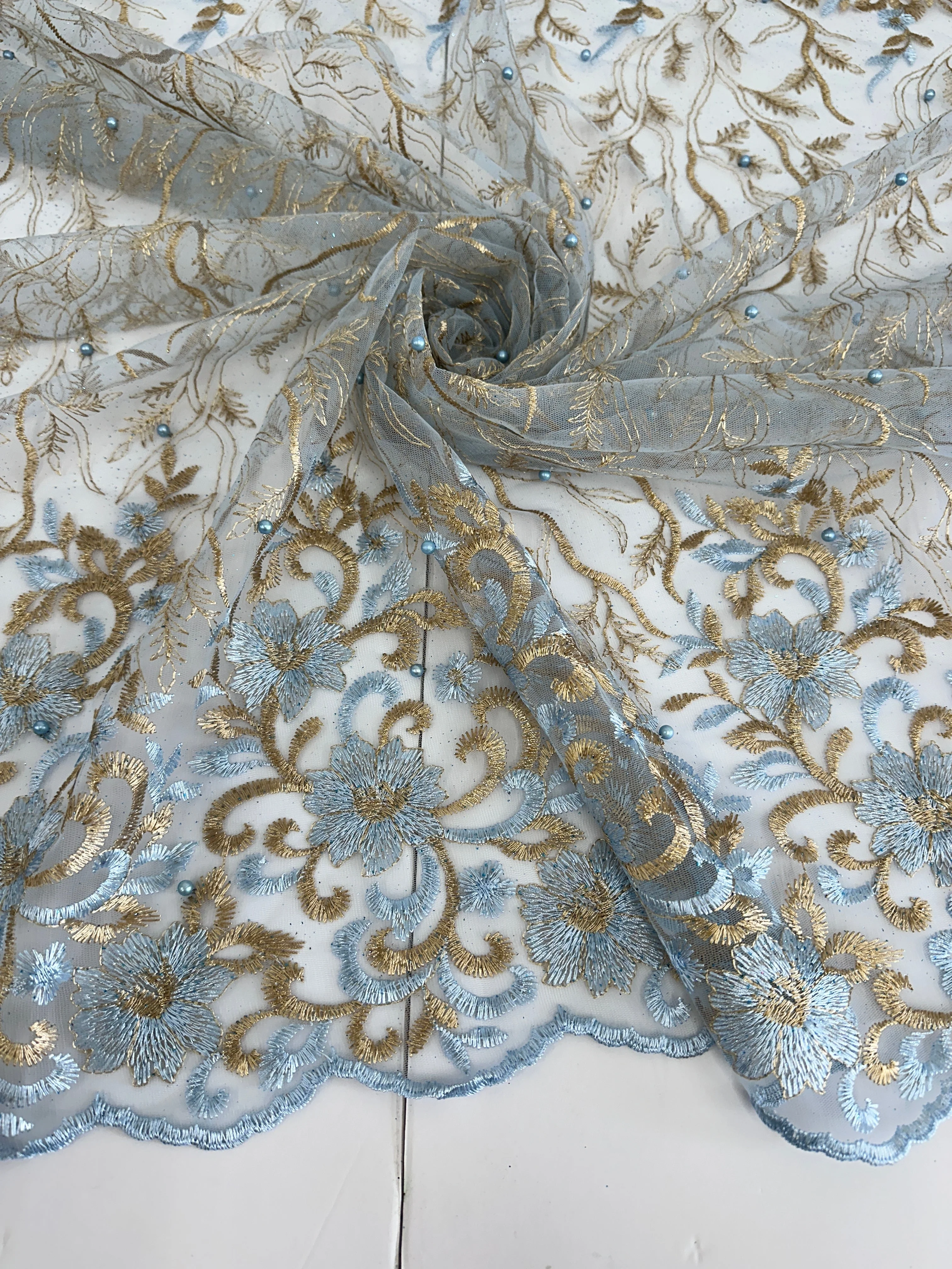 Gold-Baby Blue Embroidered Glitter Floral Scalloped Lace - Image 3