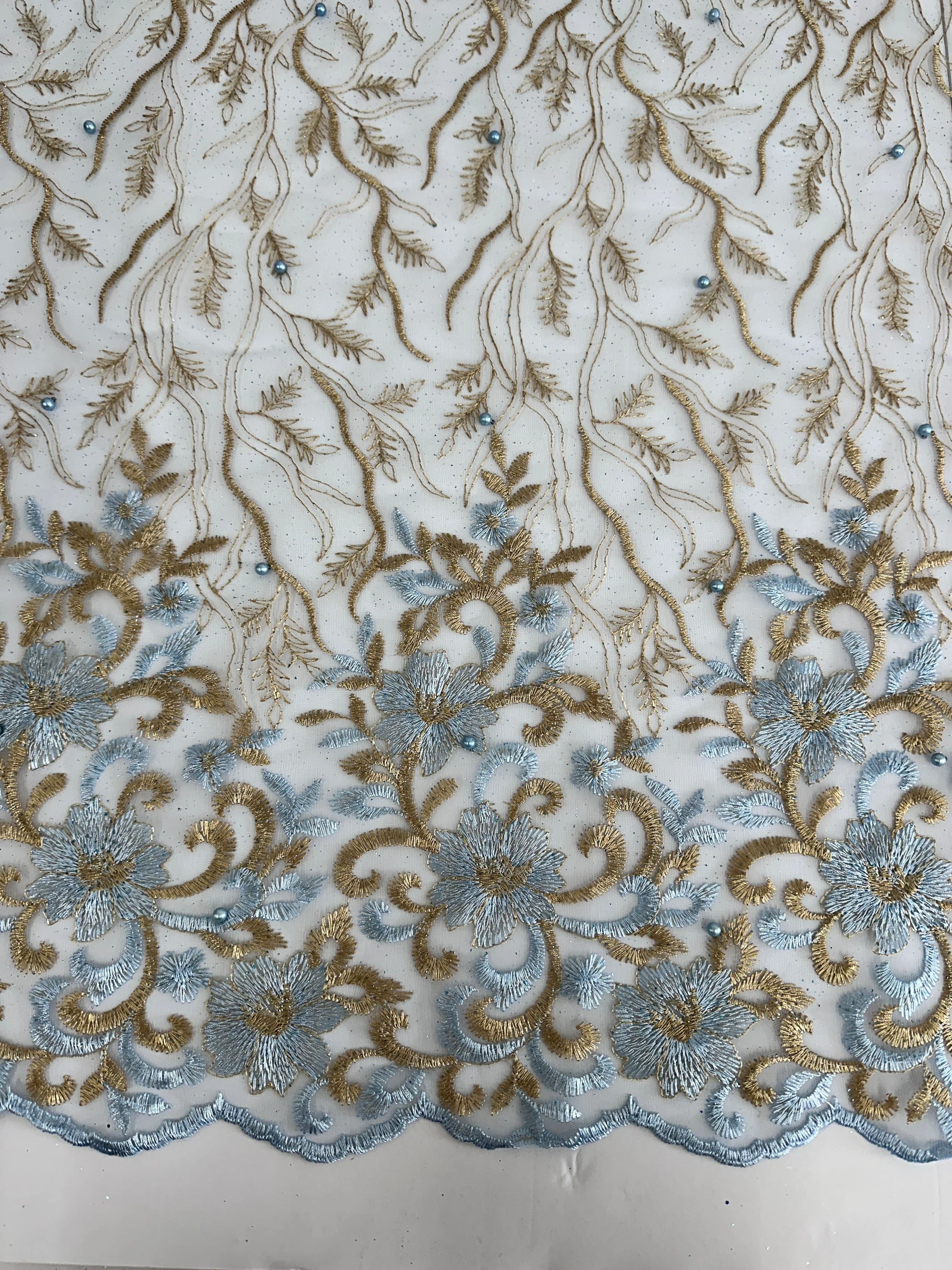 Gold-Baby Blue Embroidered Glitter Floral Scalloped Lace - Image 4