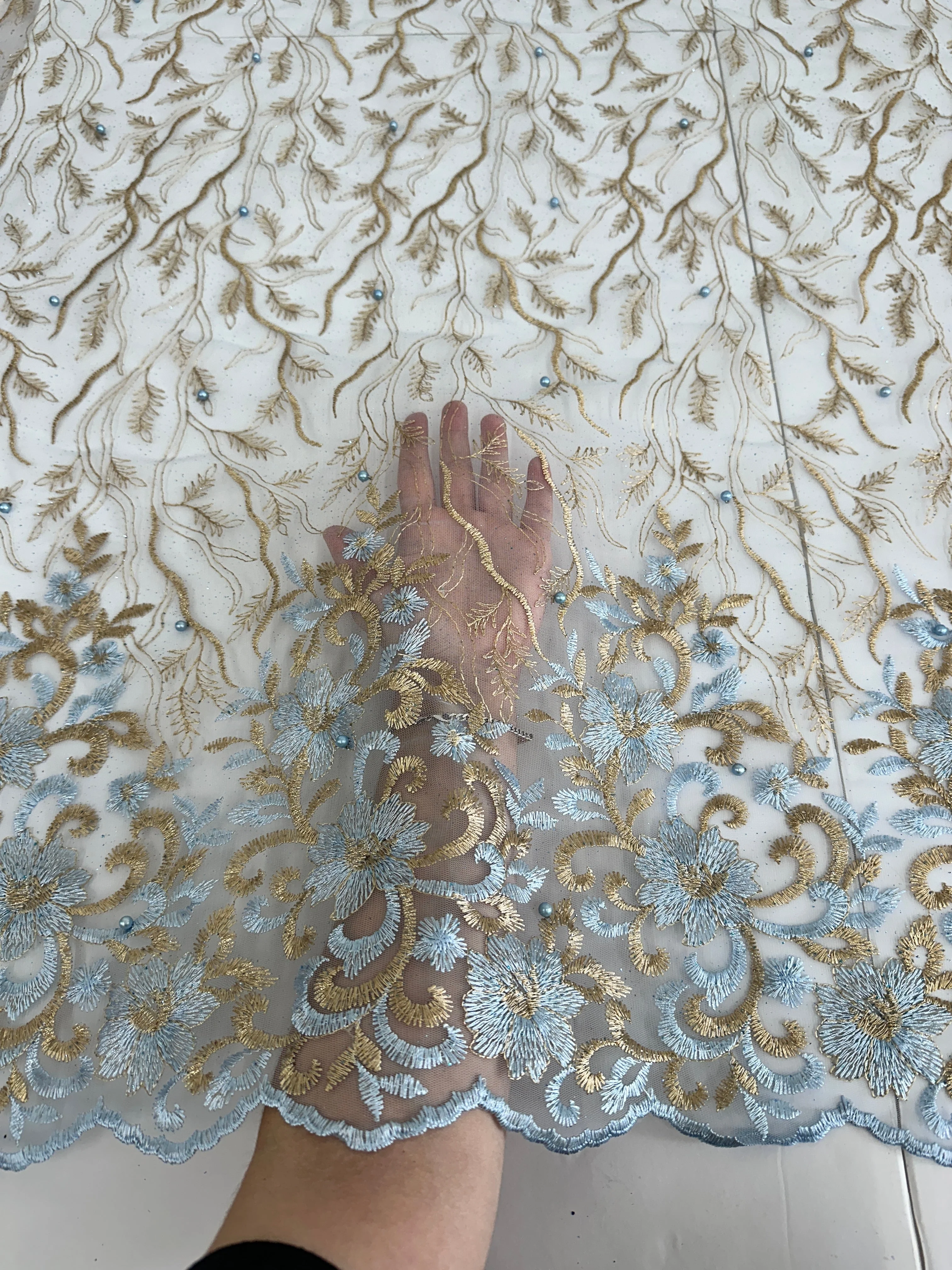 Gold-Baby Blue Embroidered Glitter Floral Scalloped Lace - Image 5