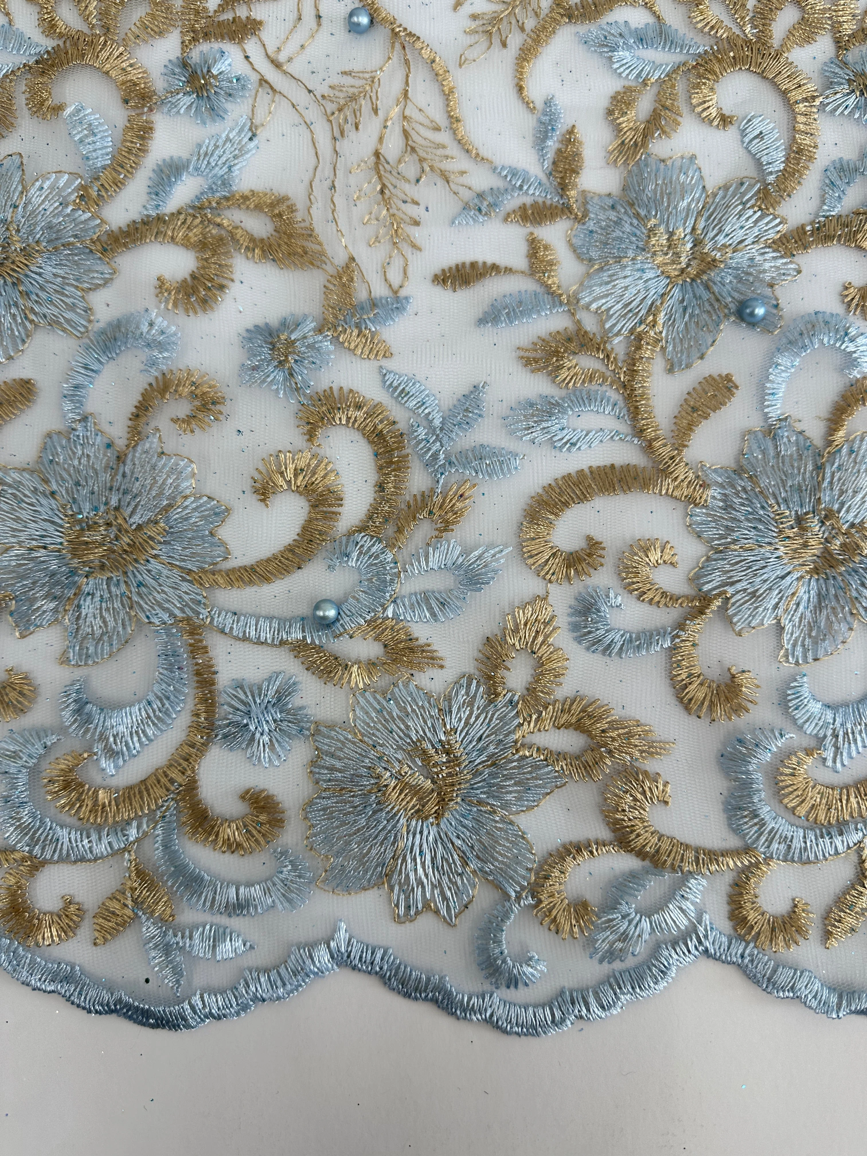 Gold-Baby Blue Embroidered Glitter Floral Scalloped Lace - Image 6