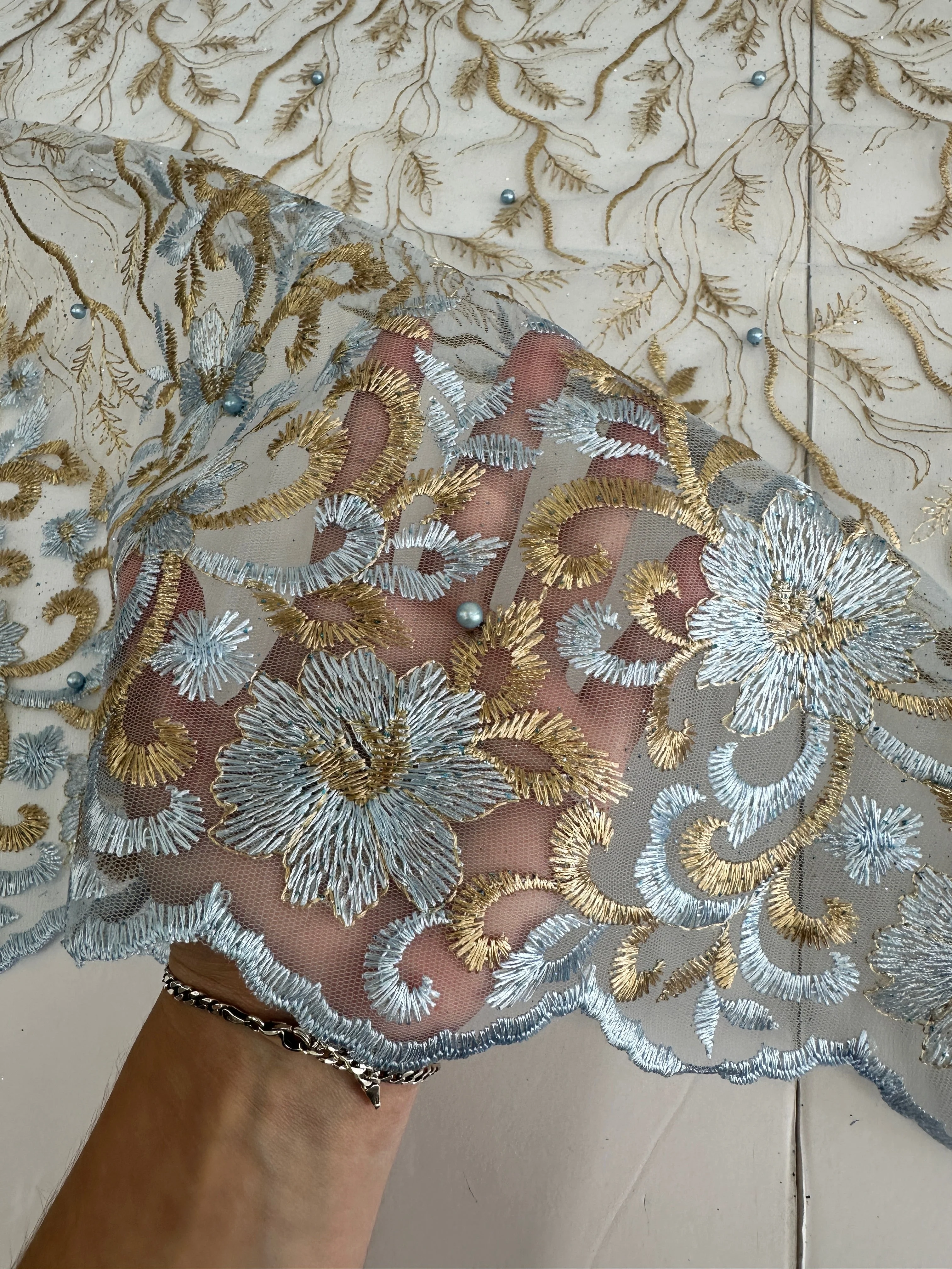 Gold-Baby Blue Embroidered Glitter Floral Scalloped Lace - Image 7