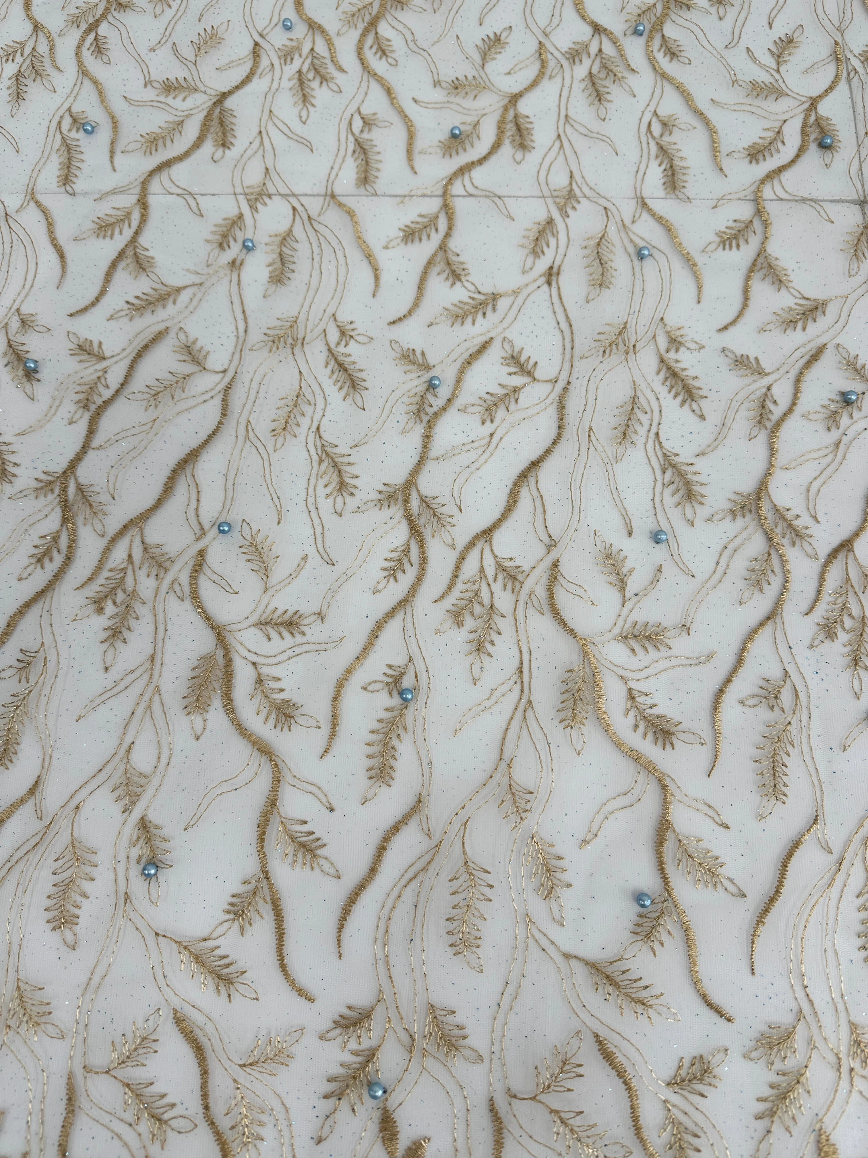Gold-Baby Blue Embroidered Glitter Floral Scalloped Lace - Image 8