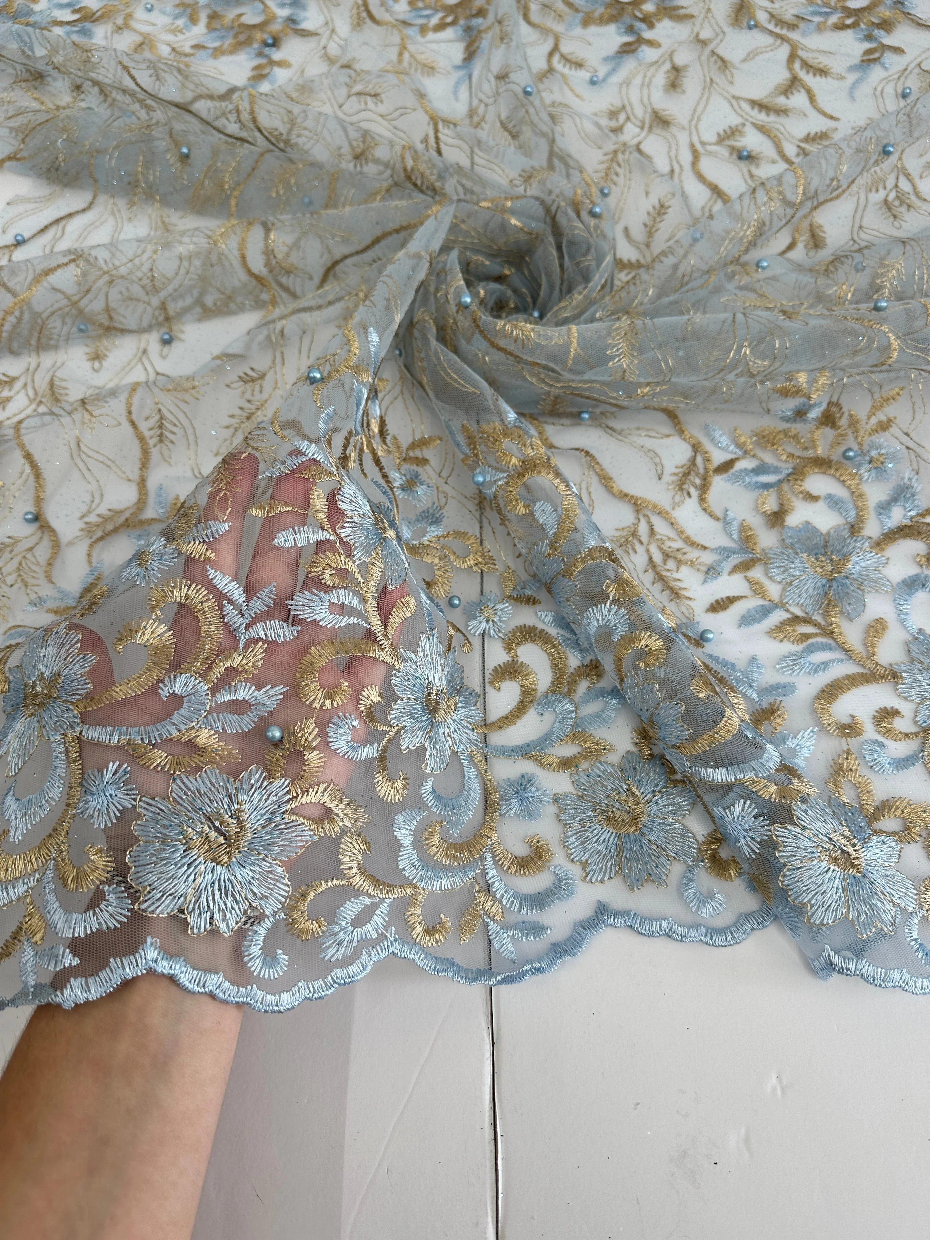 Gold-Baby Blue Embroidered Glitter Floral Scalloped Lace - Image 9