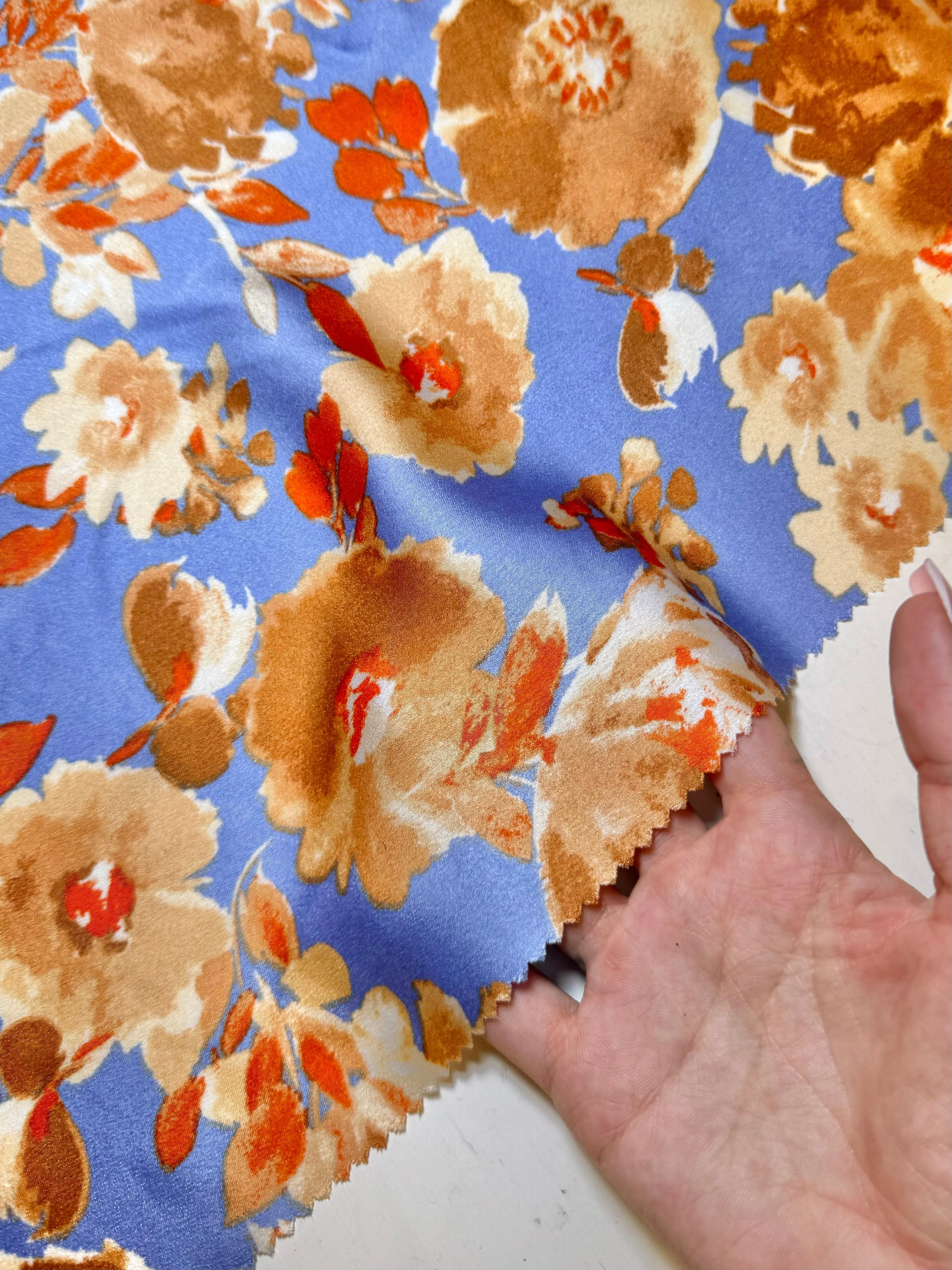 Gold/Baby Blue Floral Print Satin - Image 3