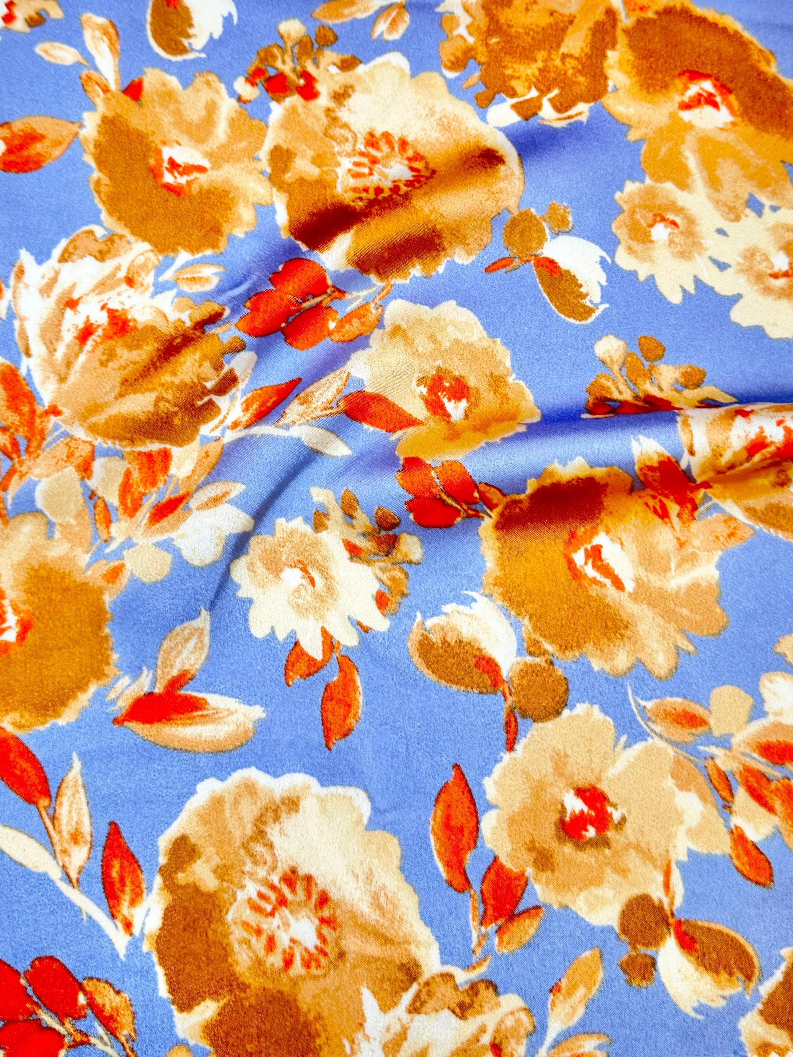 Gold/Baby Blue Floral Print Satin - Image 4