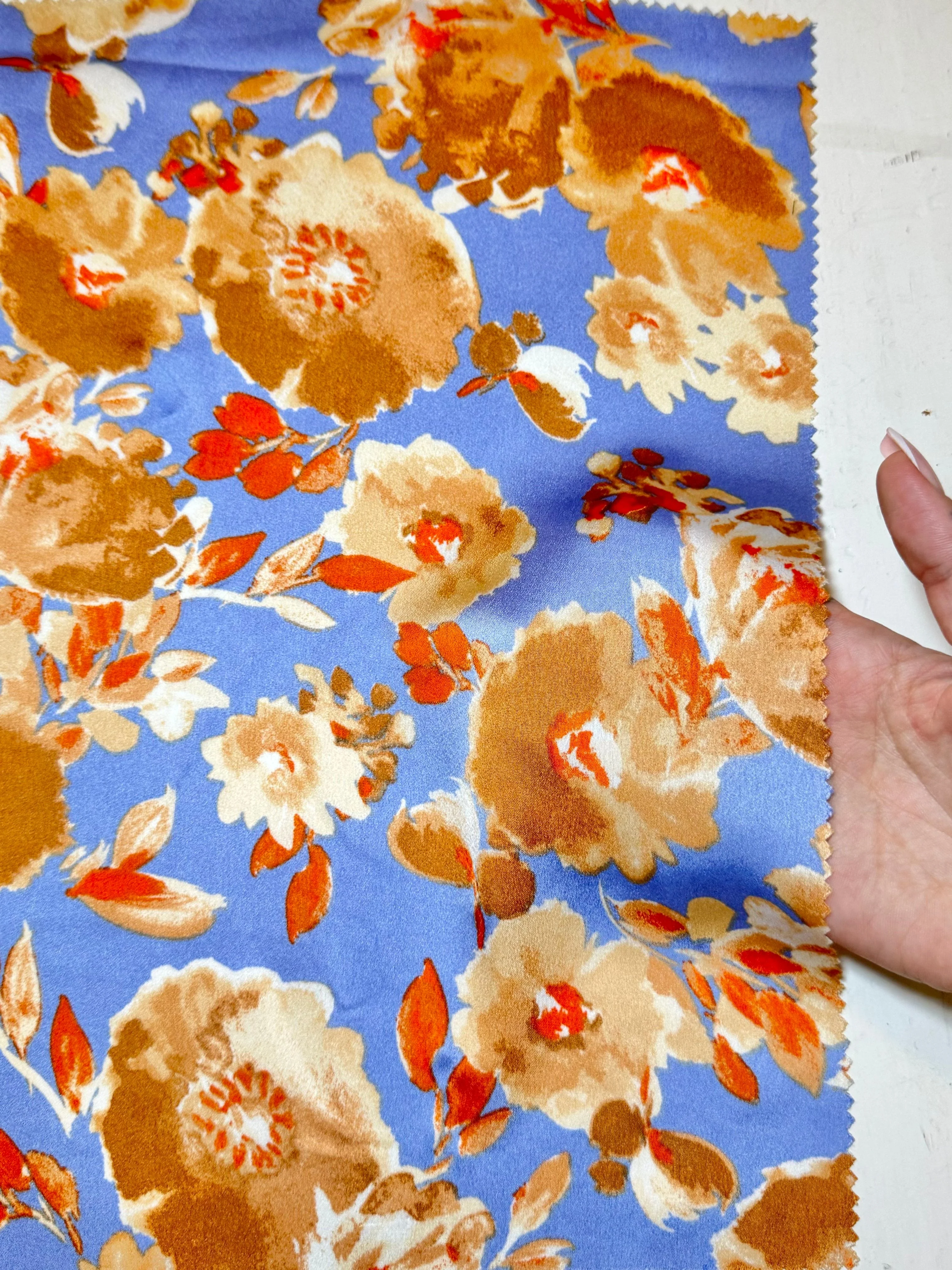 Gold/Baby Blue Floral Print Satin - Image 5
