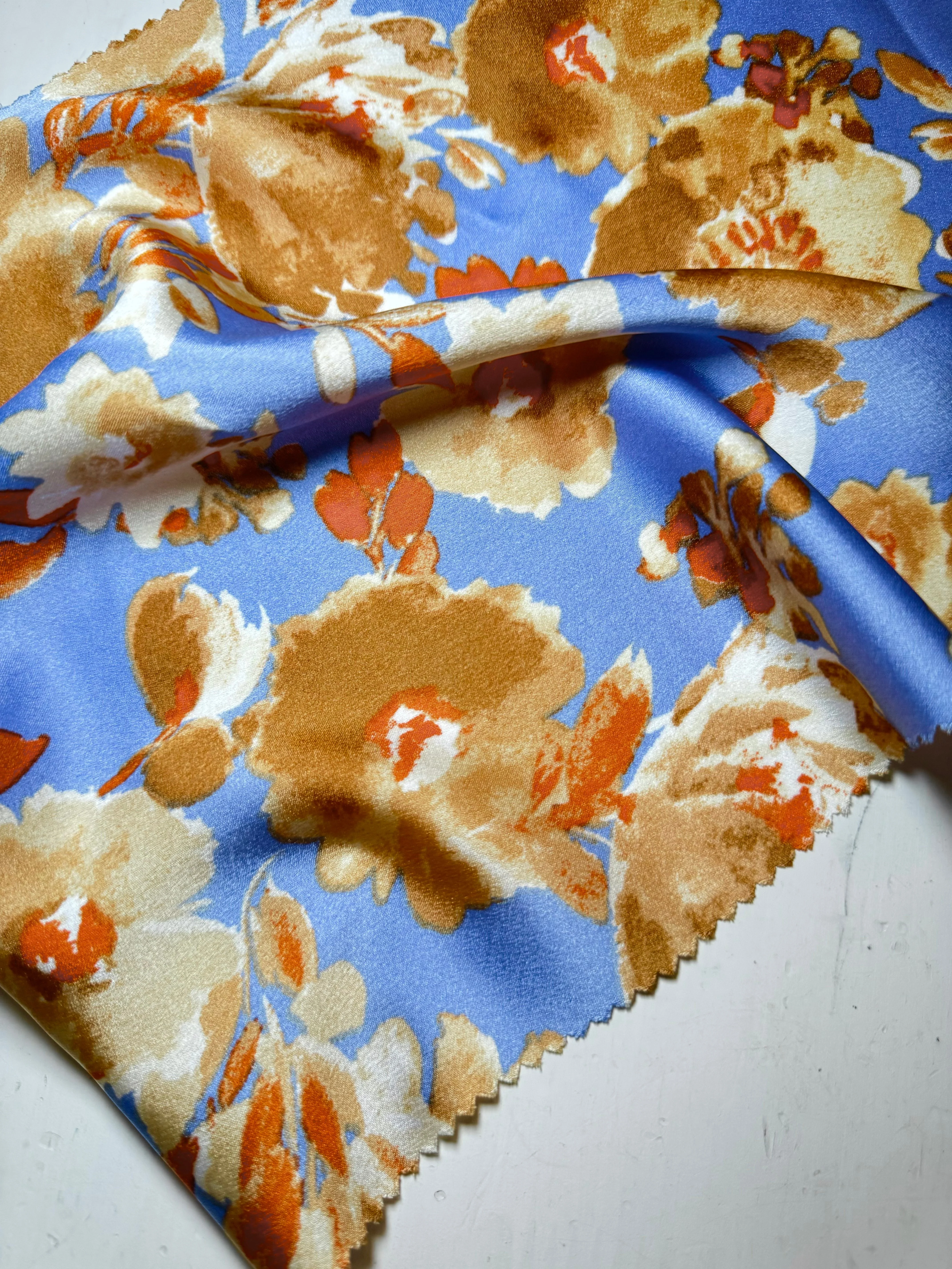 Gold/Baby Blue Floral Print Satin - Image 6