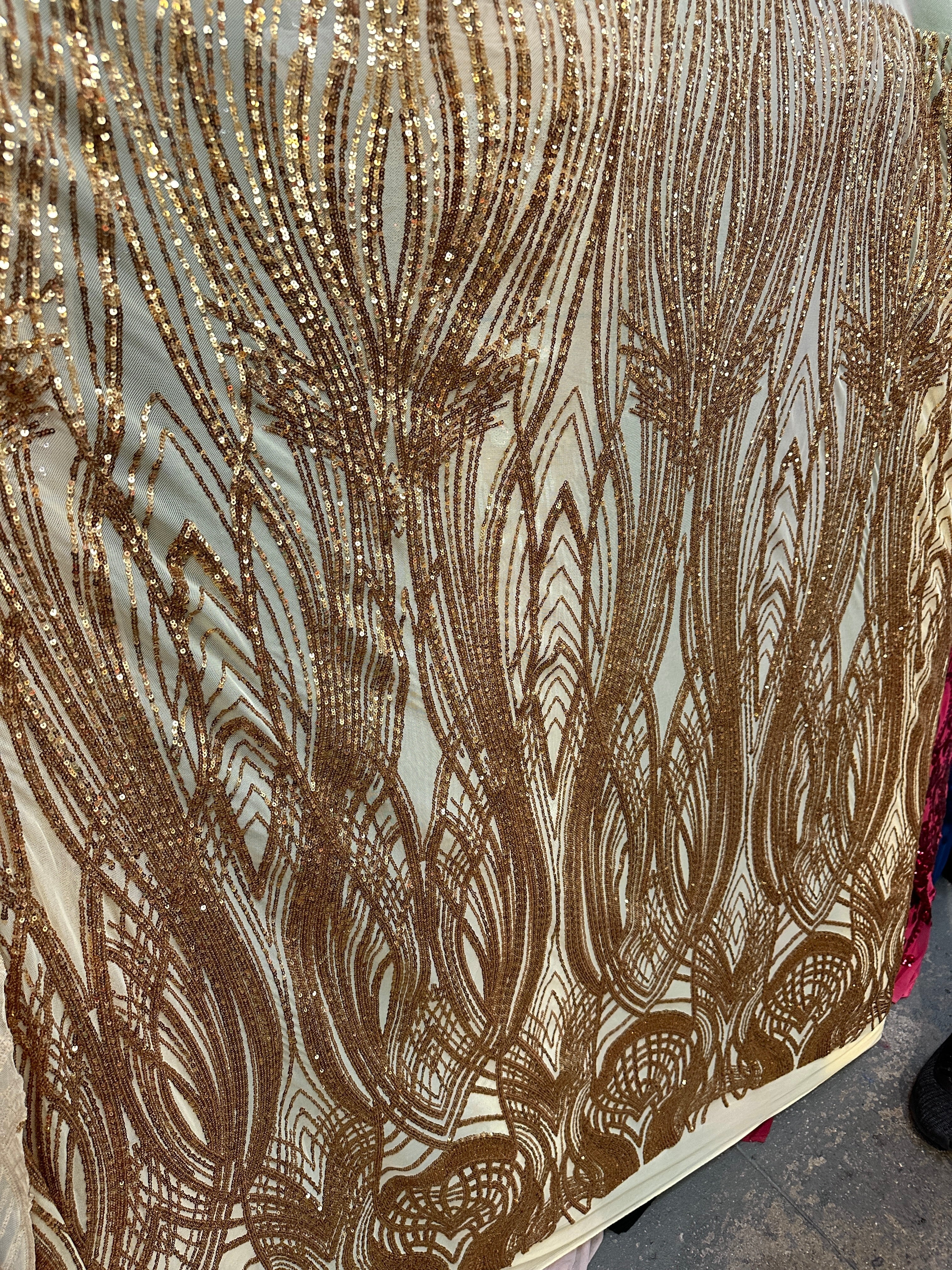Gold Embroidered Curlicue Sequins on Mesh