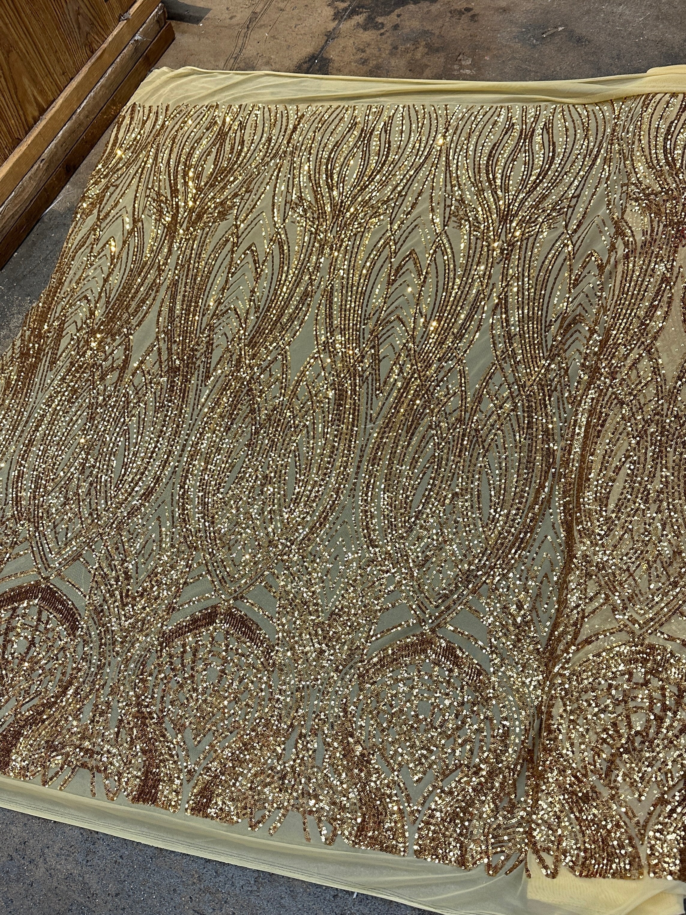 Gold Embroidered Curlicue Sequins on Mesh - Image 2