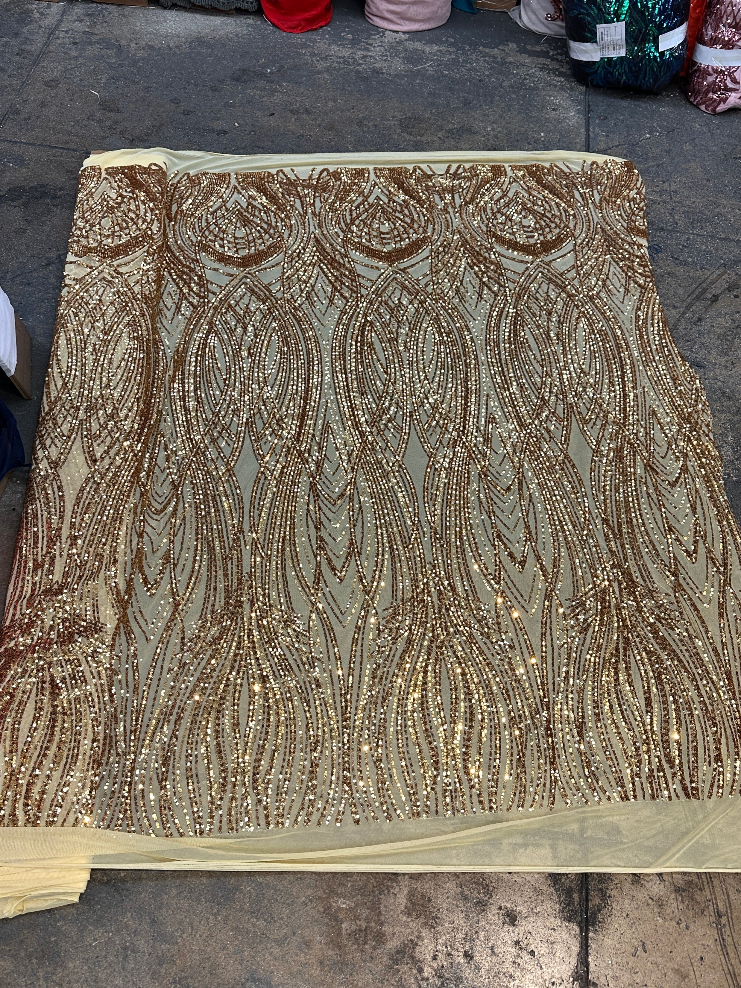 Gold Embroidered Curlicue Sequins on Mesh - Image 3