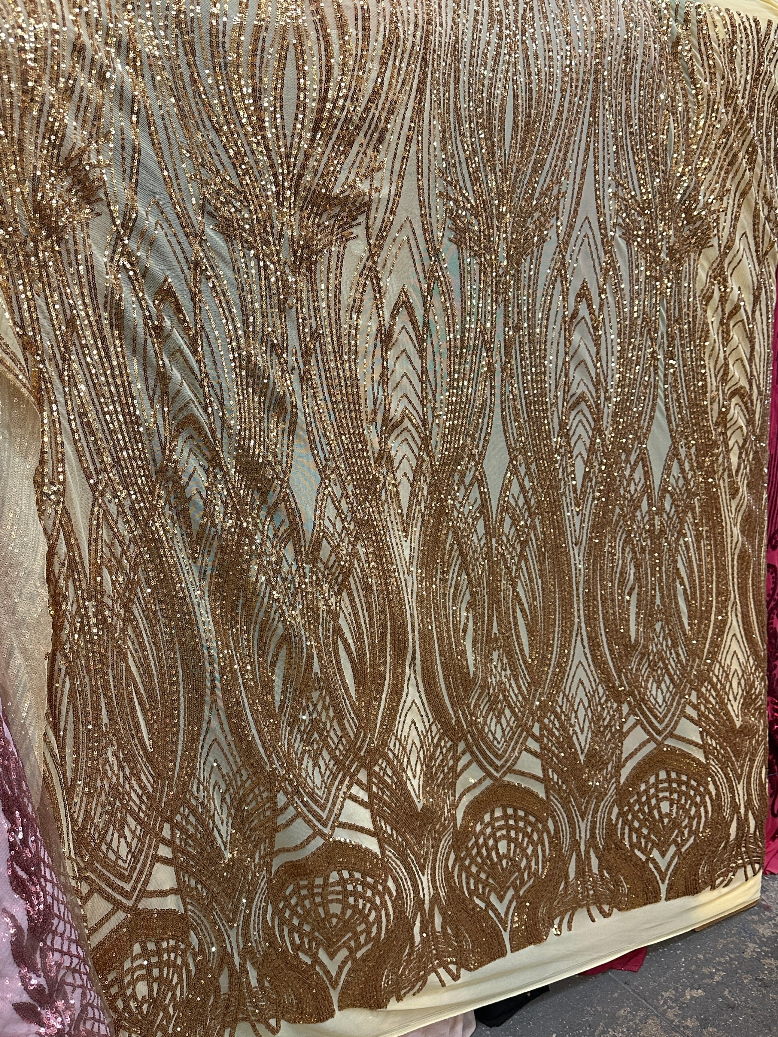 Gold Embroidered Curlicue Sequins on Mesh - Image 4