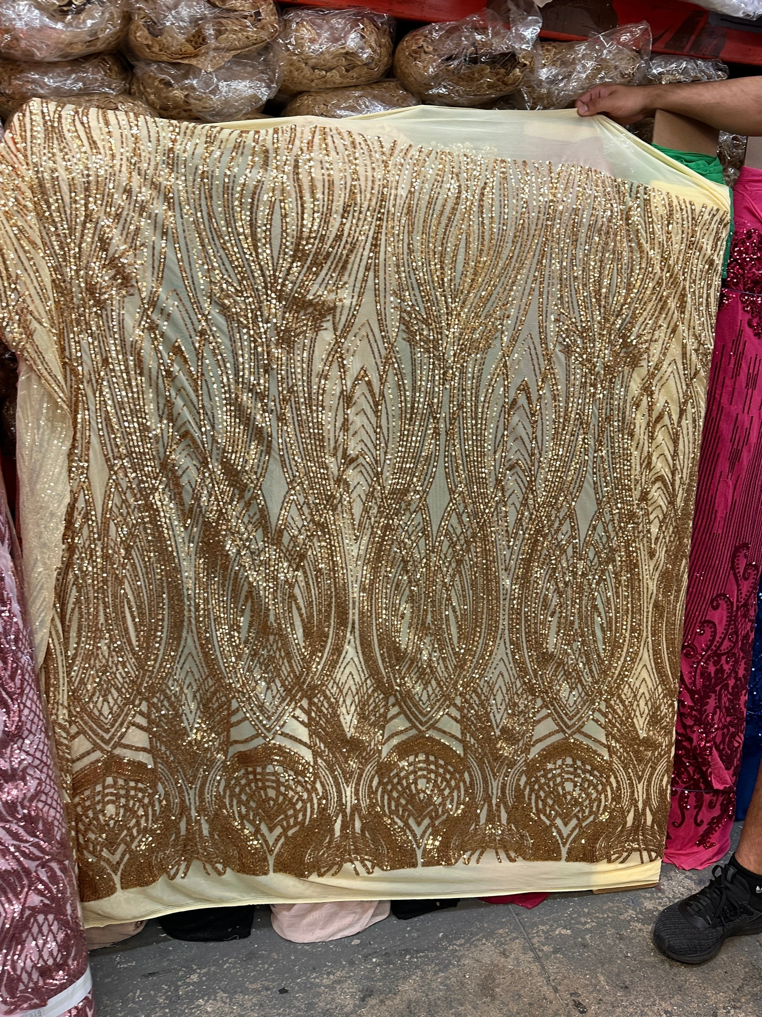 Gold Embroidered Curlicue Sequins on Mesh - Image 5