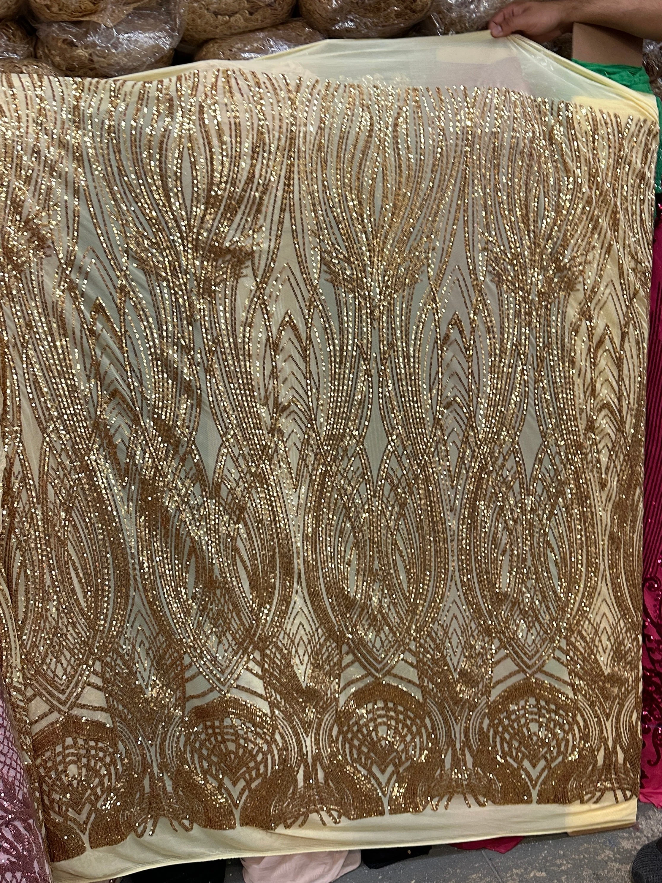 Gold Embroidered Curlicue Sequins on Mesh - Image 6