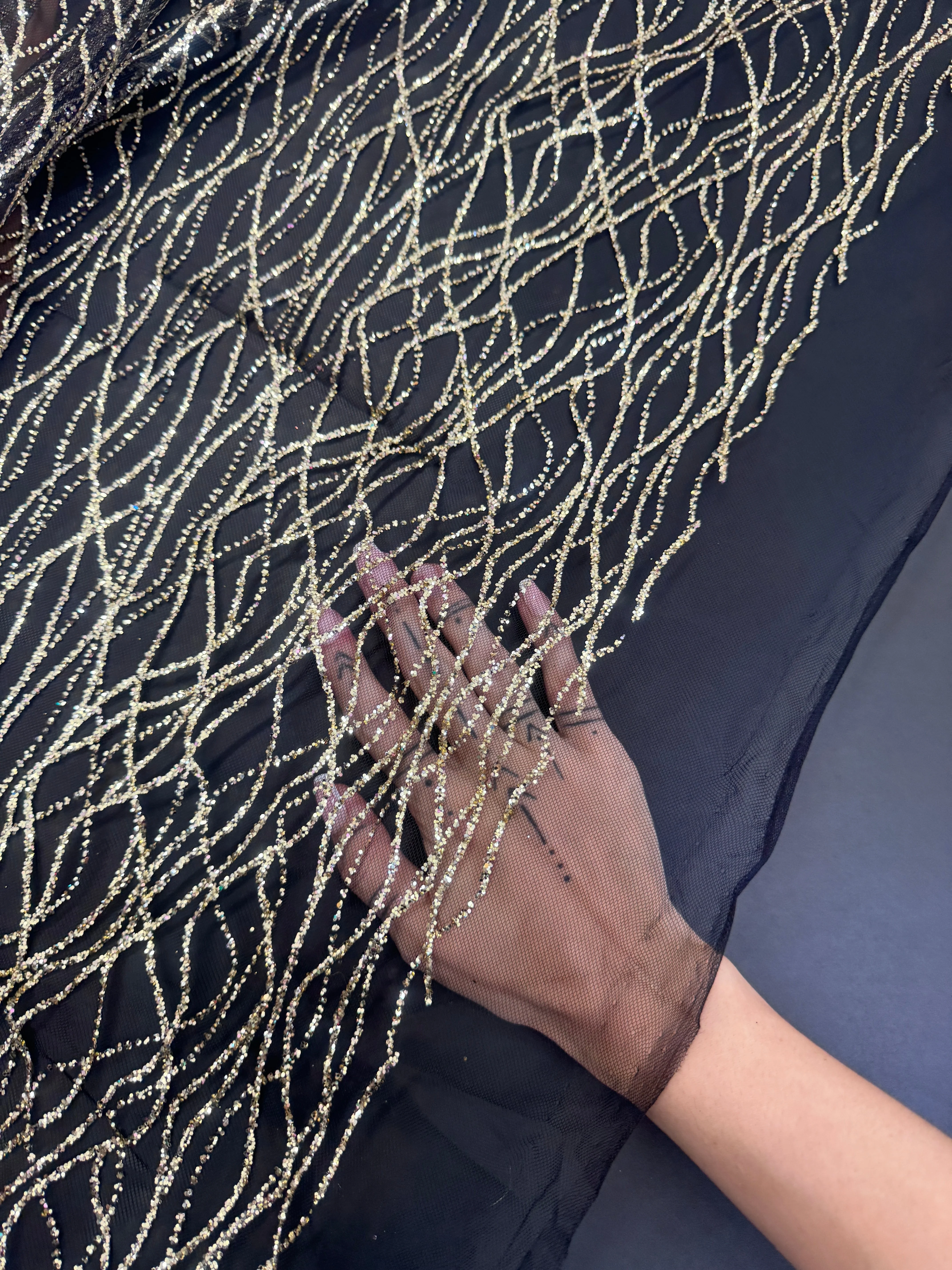 Gold Glitter Lace on Black Mesh - Image 10