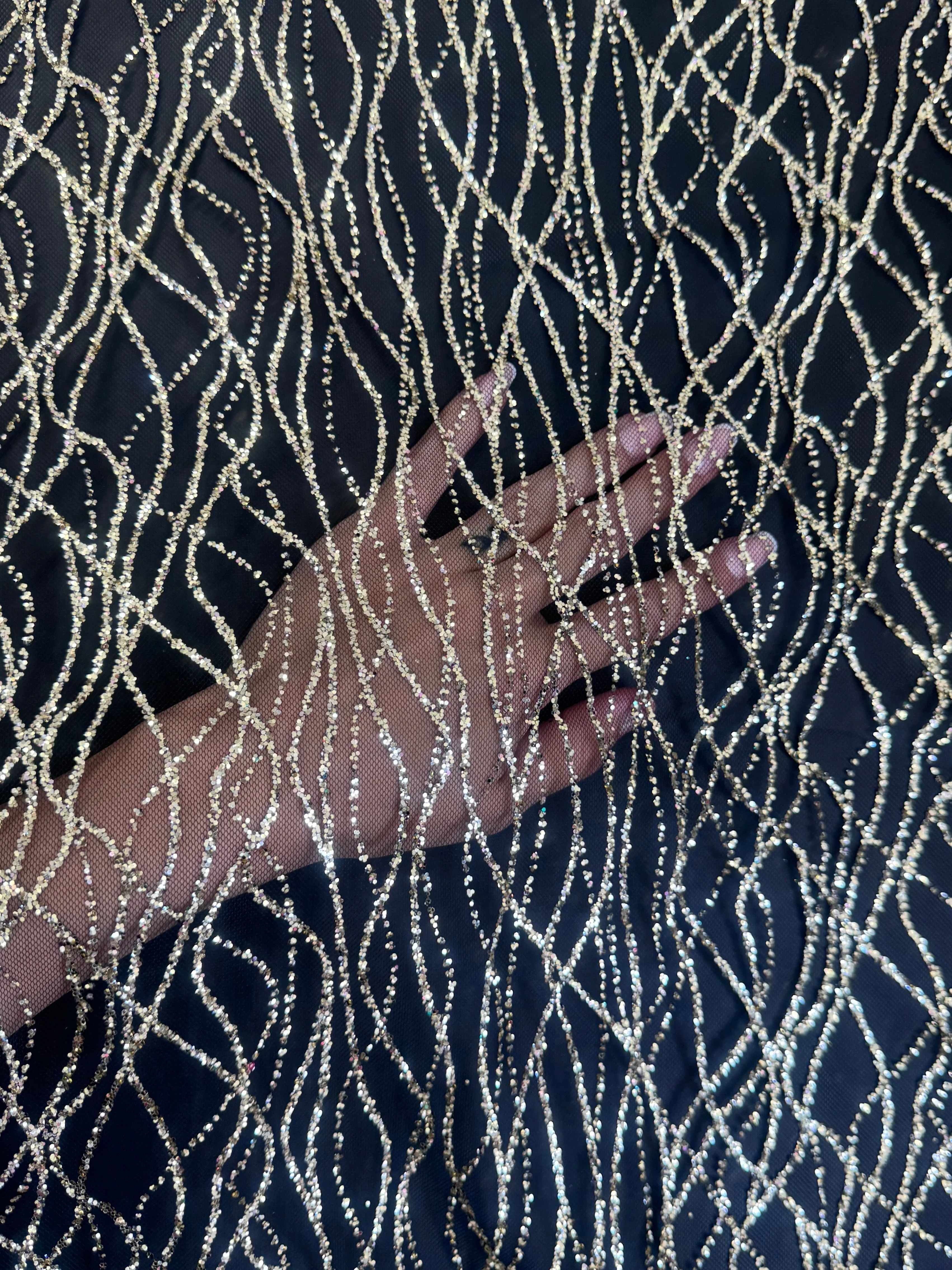 Gold Glitter Lace on Black Mesh - Image 5