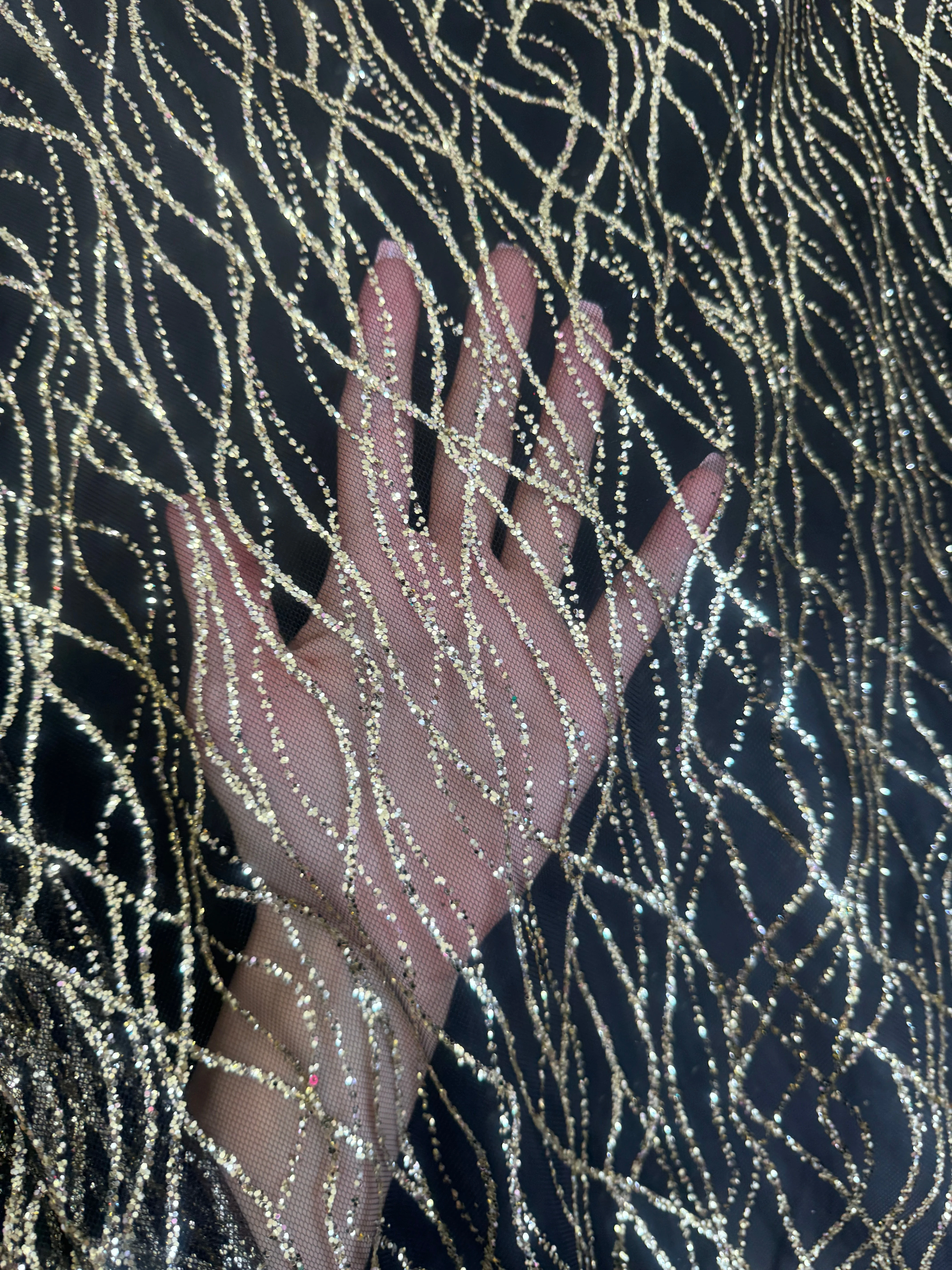 Gold Glitter Lace on Black Mesh - Image 6