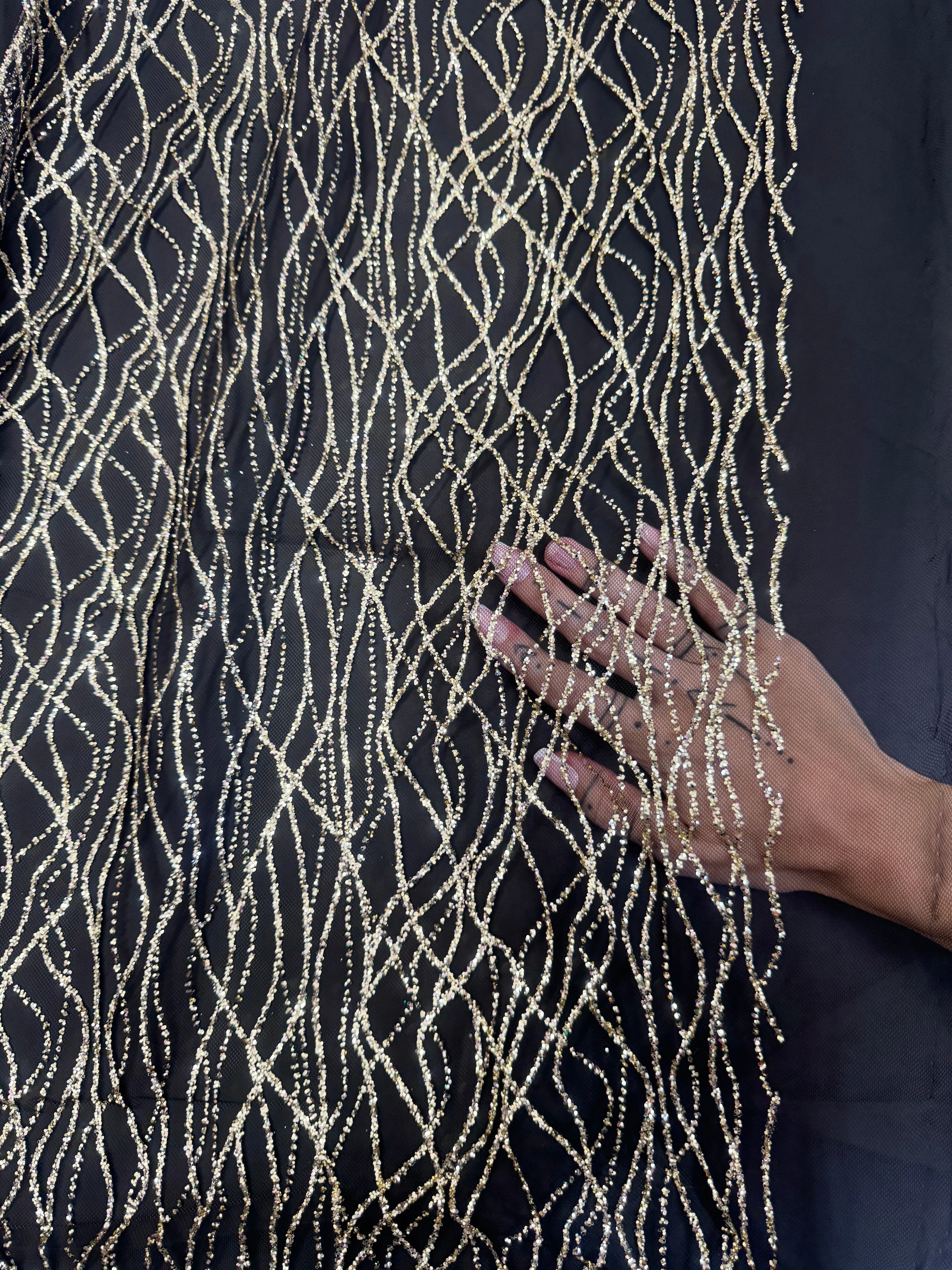 Gold Glitter Lace on Black Mesh - Image 7