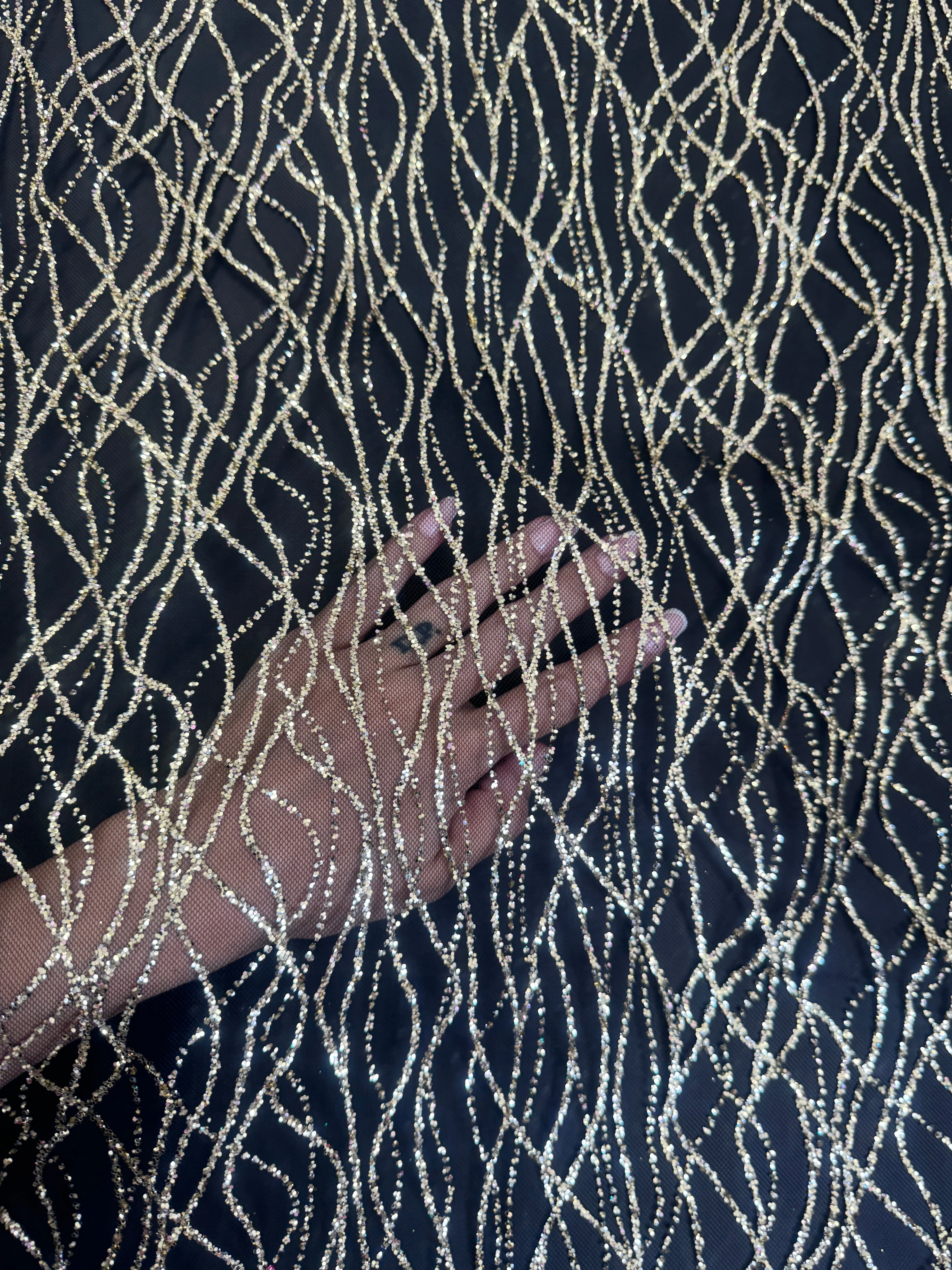 Gold Glitter Lace on Black Mesh - Image 8