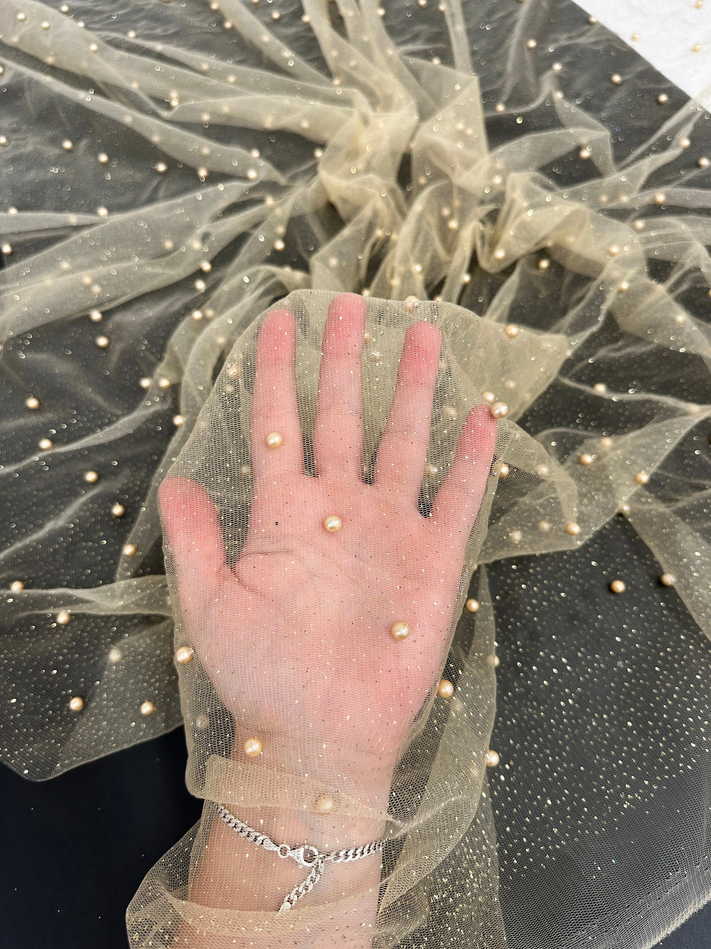 Gold Pearl Beaded Glittery Mesh/Tulle - Image 3
