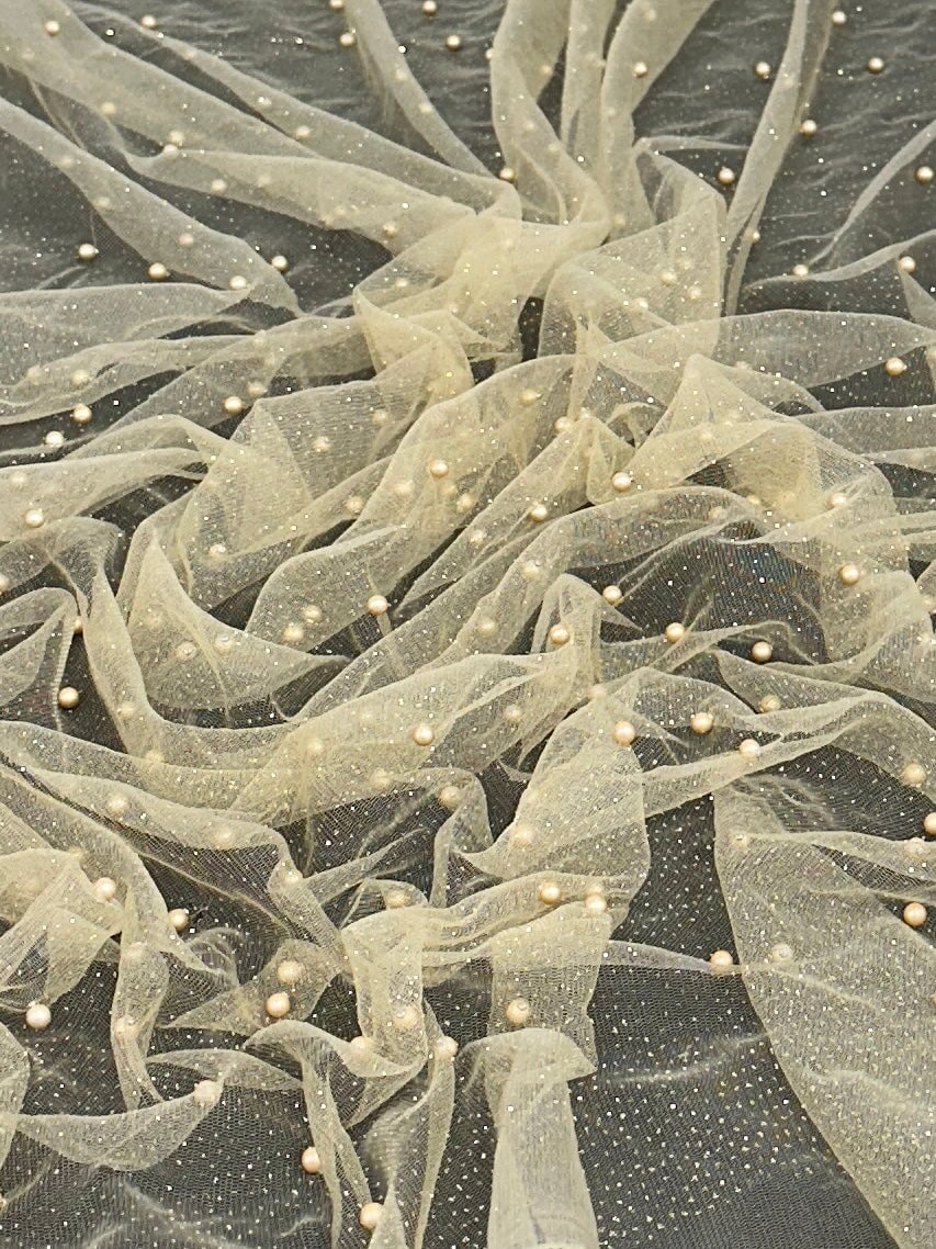 Gold Pearl Beaded Glittery Mesh/Tulle - Image 4