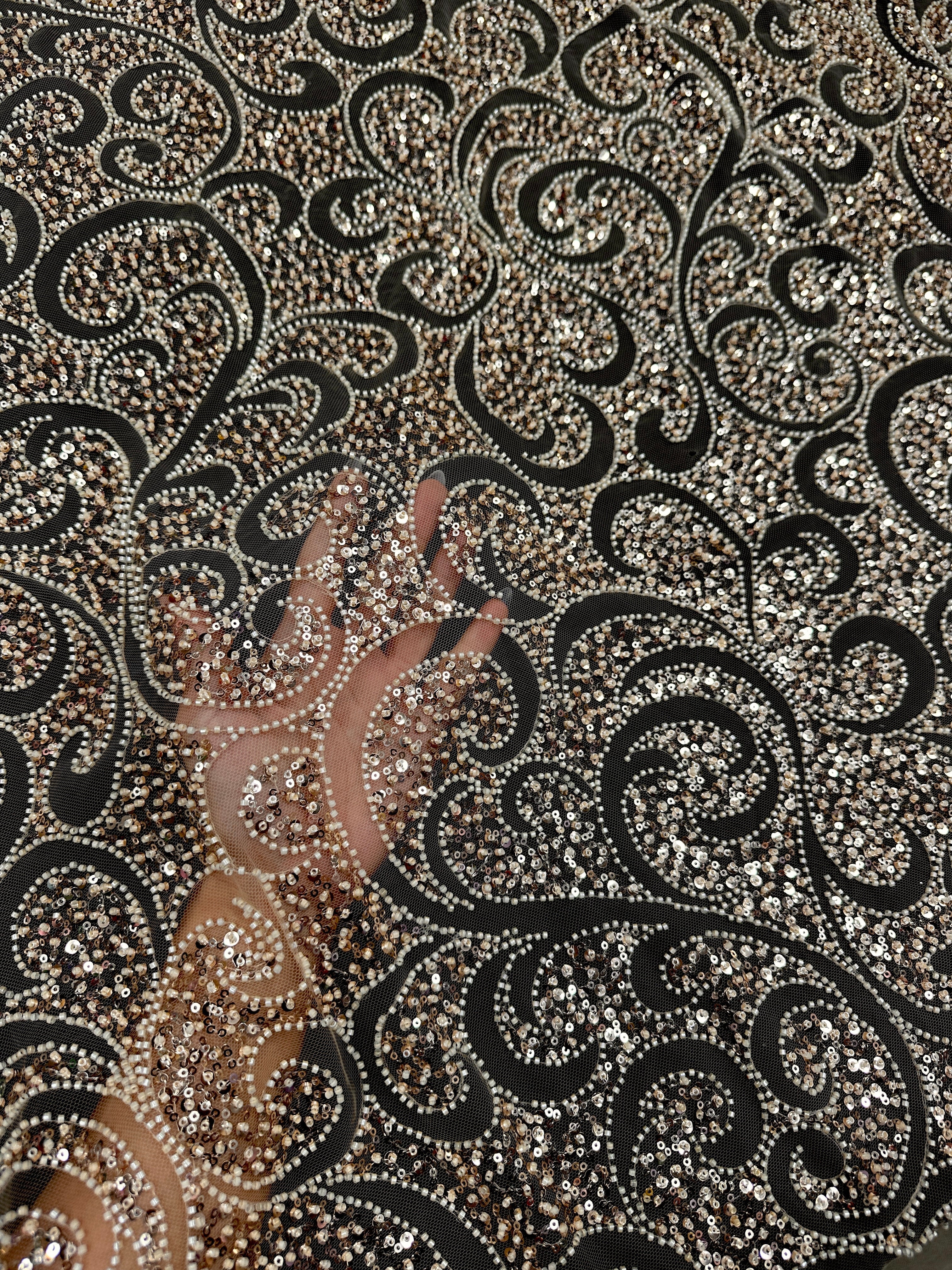 Gold Sequin Beaded Scroll Lace on Mesh