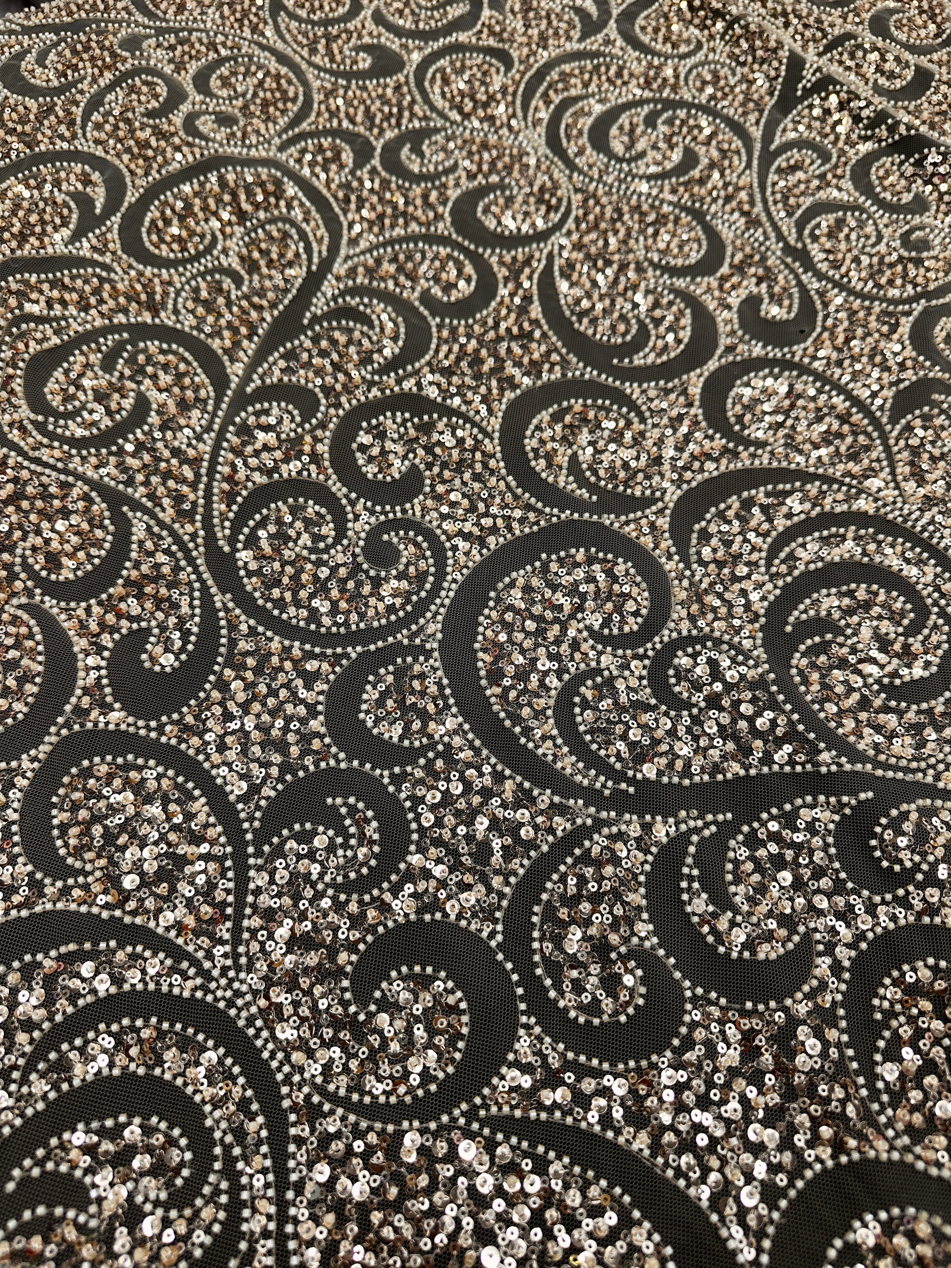 Gold Sequin Beaded Scroll Lace on Mesh - Image 2