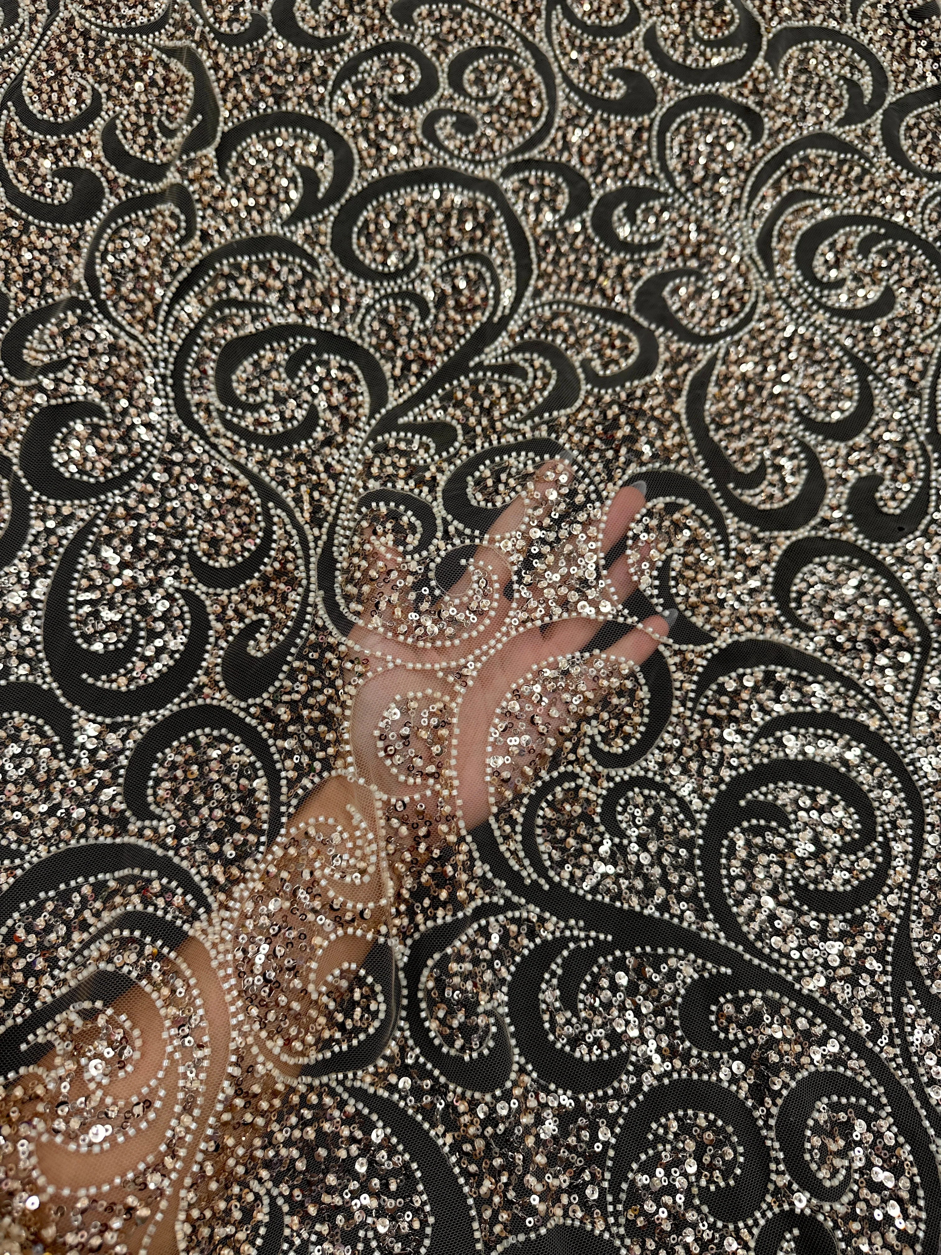 Gold Sequin Beaded Scroll Lace on Mesh - Image 3