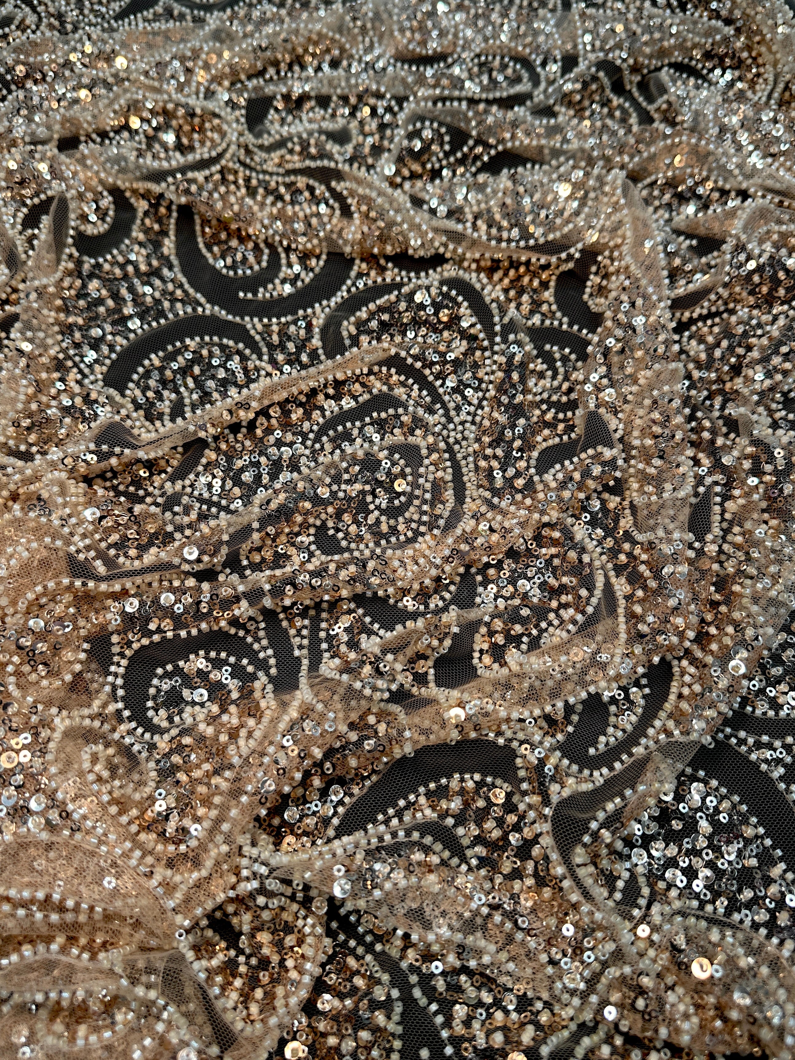 Gold Sequin Beaded Scroll Lace on Mesh - Image 4