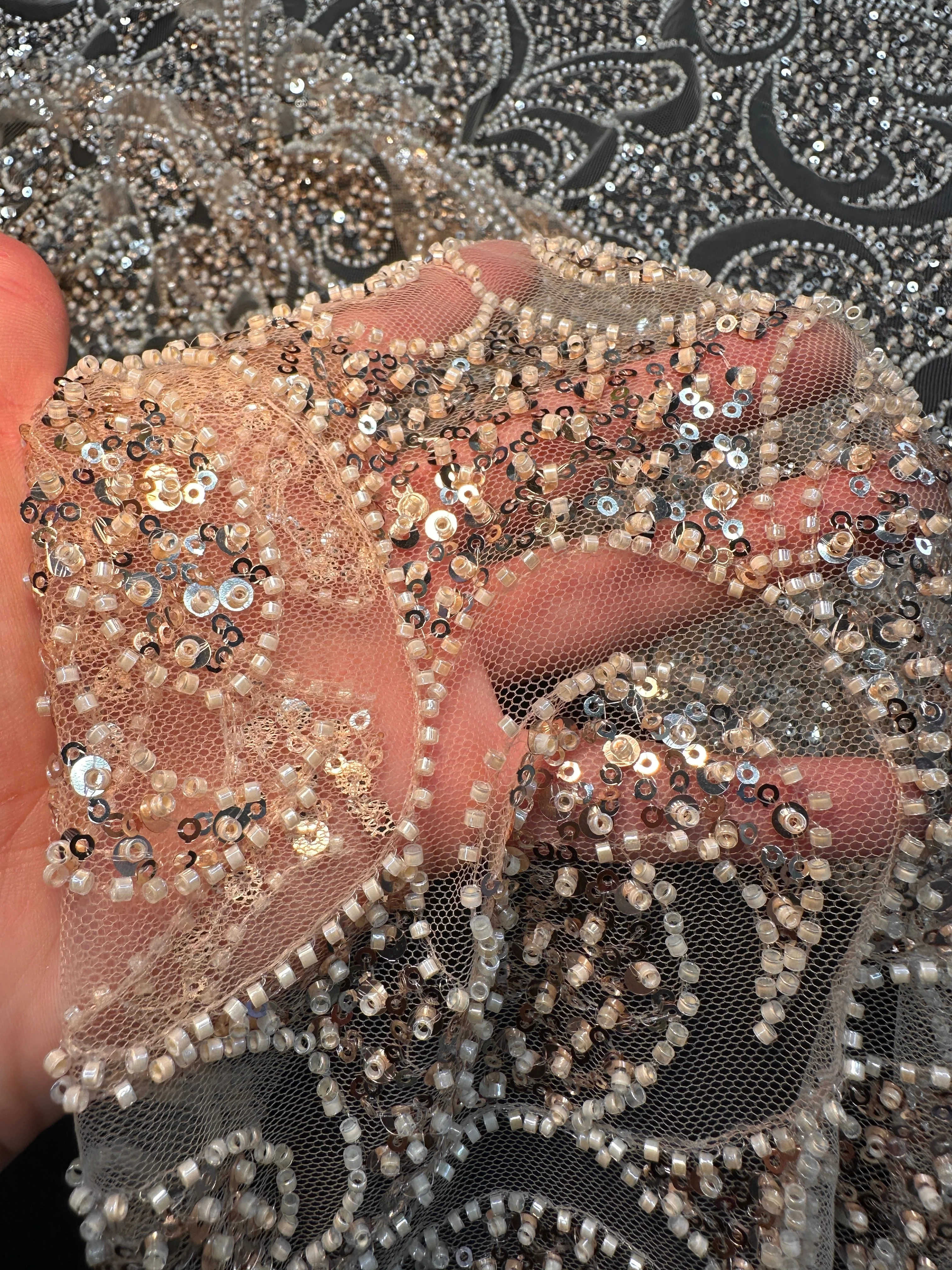 Gold Sequin Beaded Scroll Lace on Mesh - Image 5