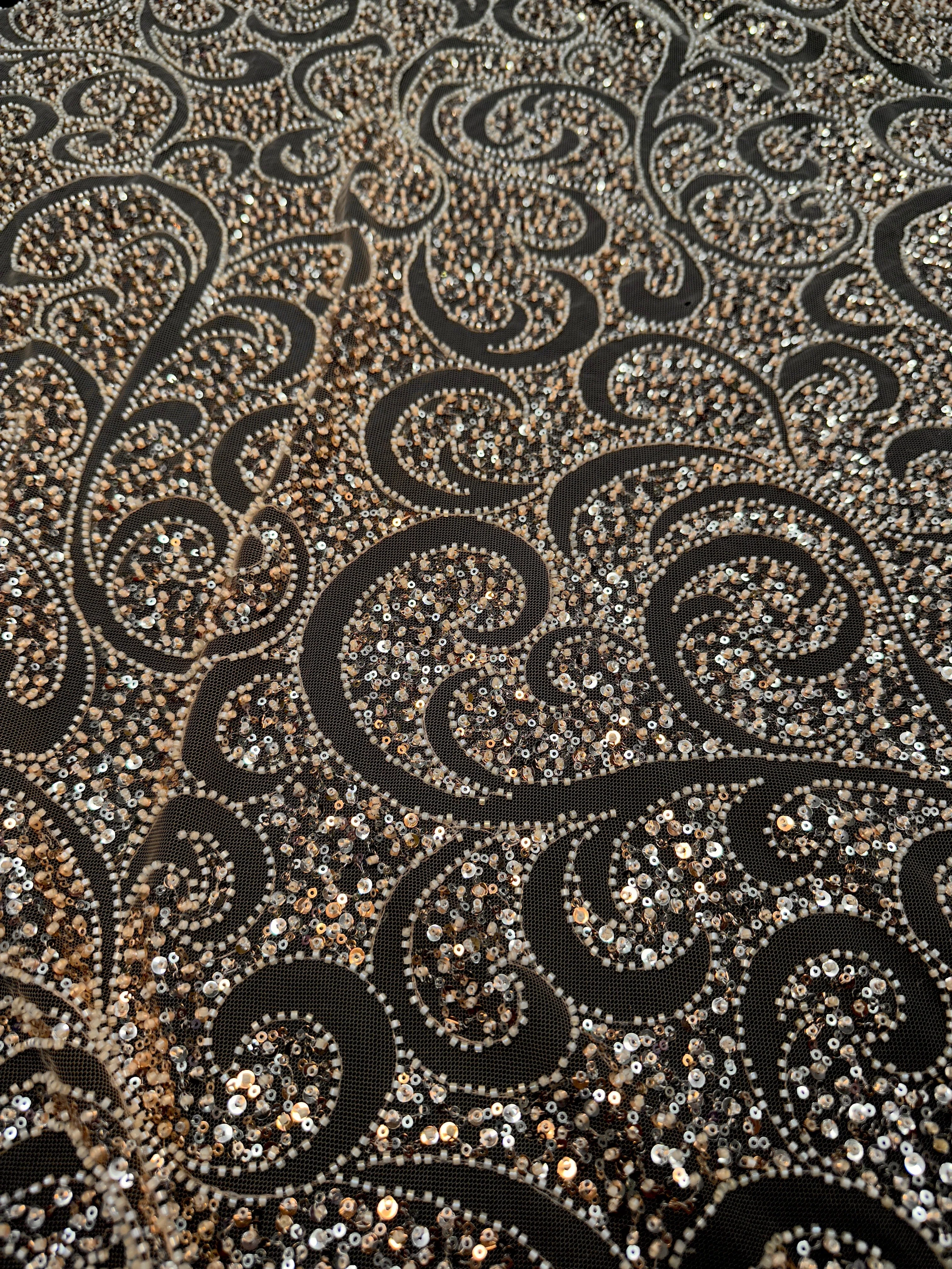 Gold Sequin Beaded Scroll Lace on Mesh - Image 6