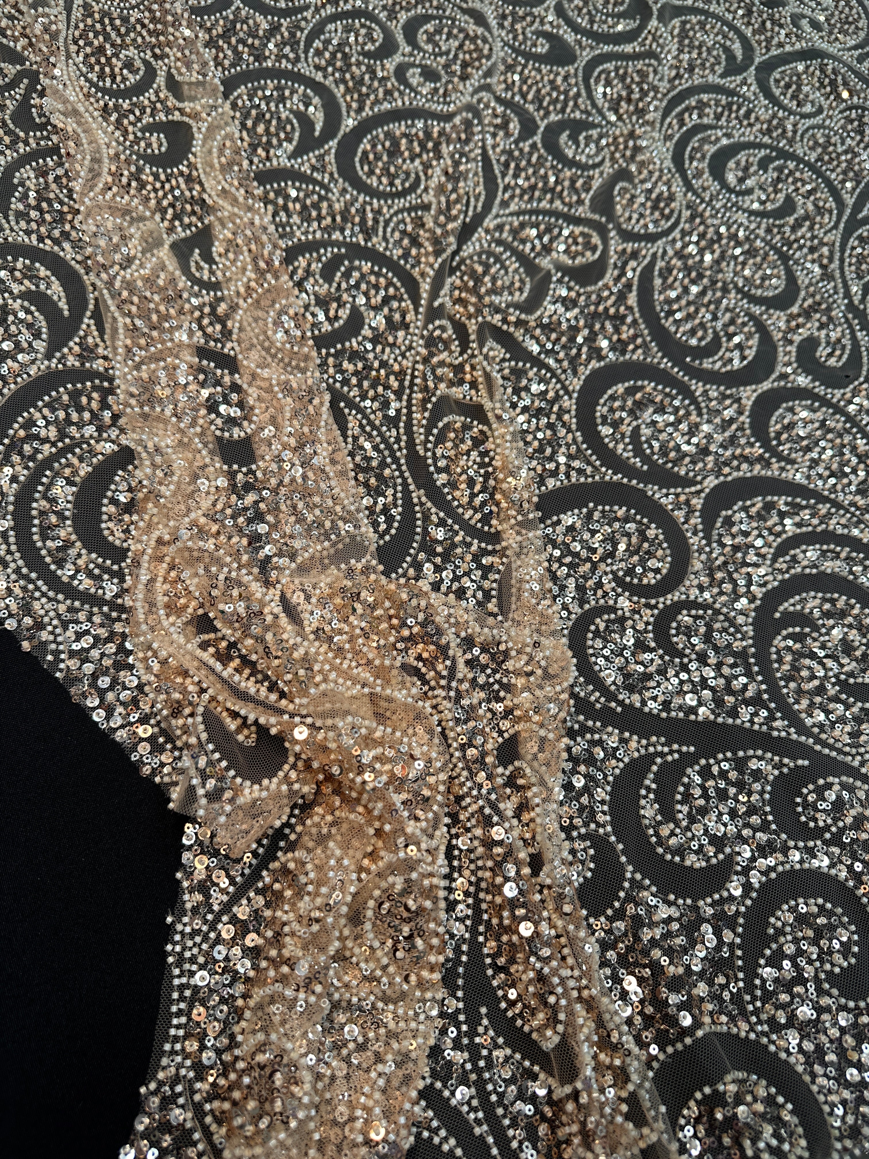 Gold Sequin Beaded Scroll Lace on Mesh - Image 7