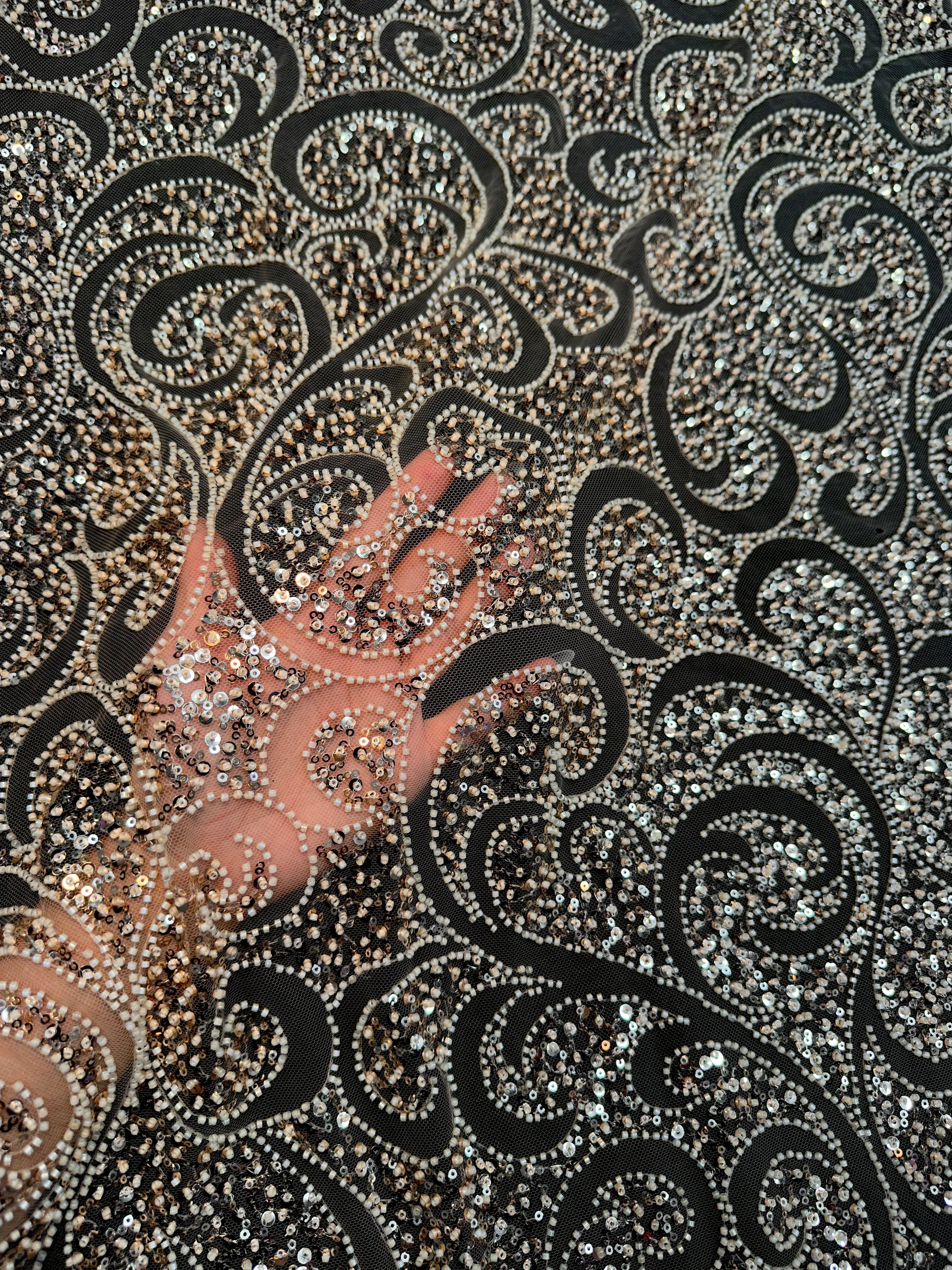 Gold Sequin Beaded Scroll Lace on Mesh - Image 8