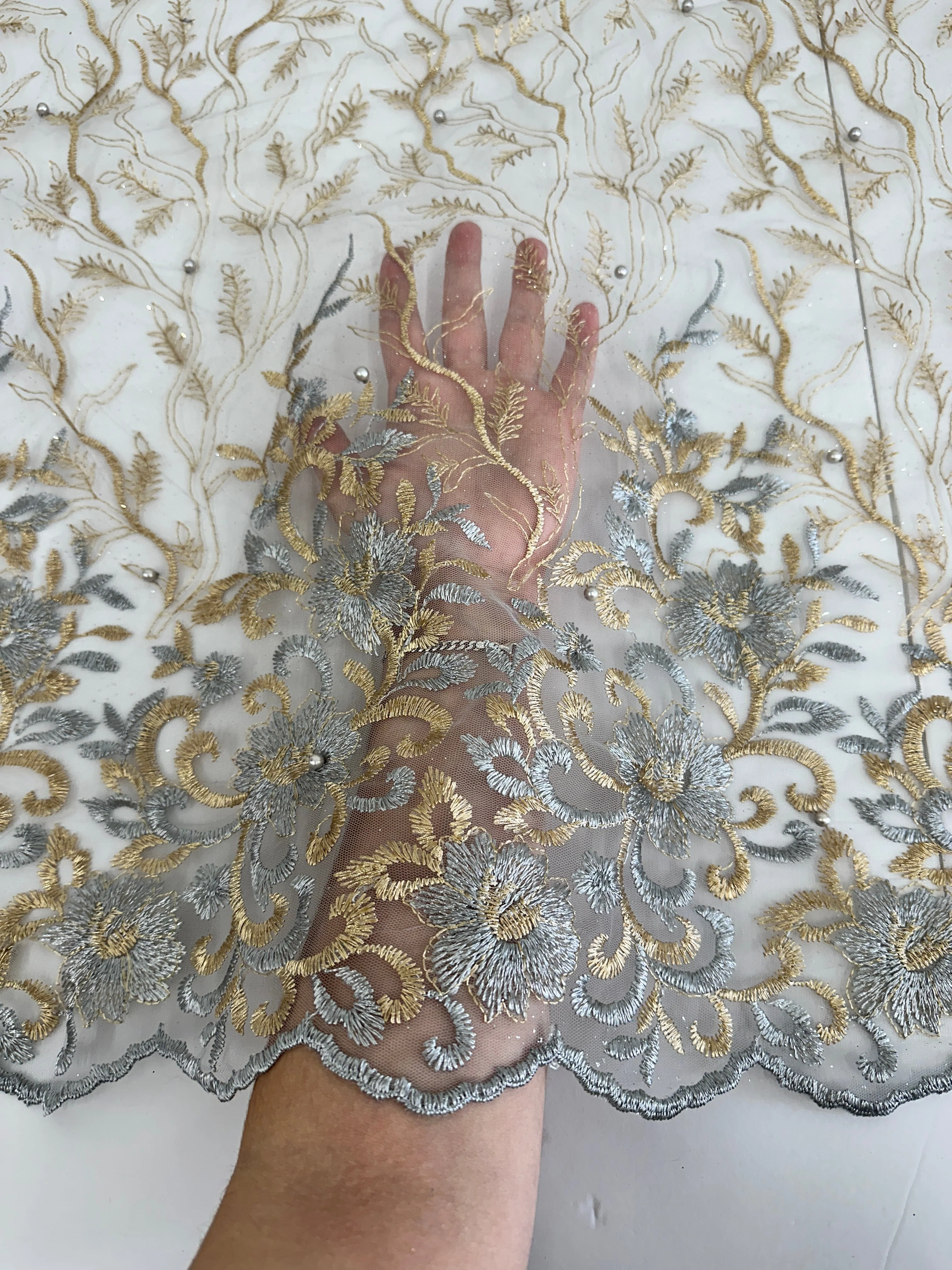 Gold-Silver Embroidered Glitter Floral Scalloped Lace