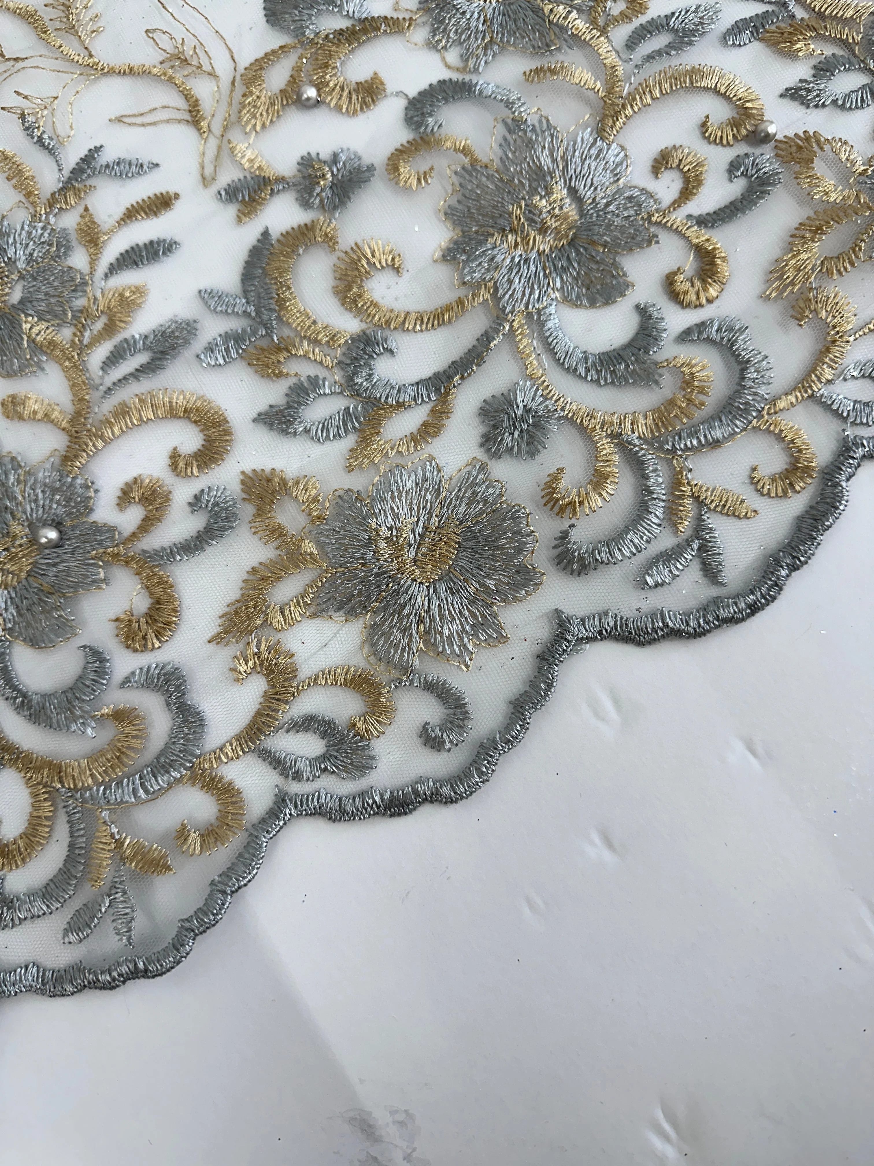 Gold-Silver Embroidered Glitter Floral Scalloped Lace - Image 2