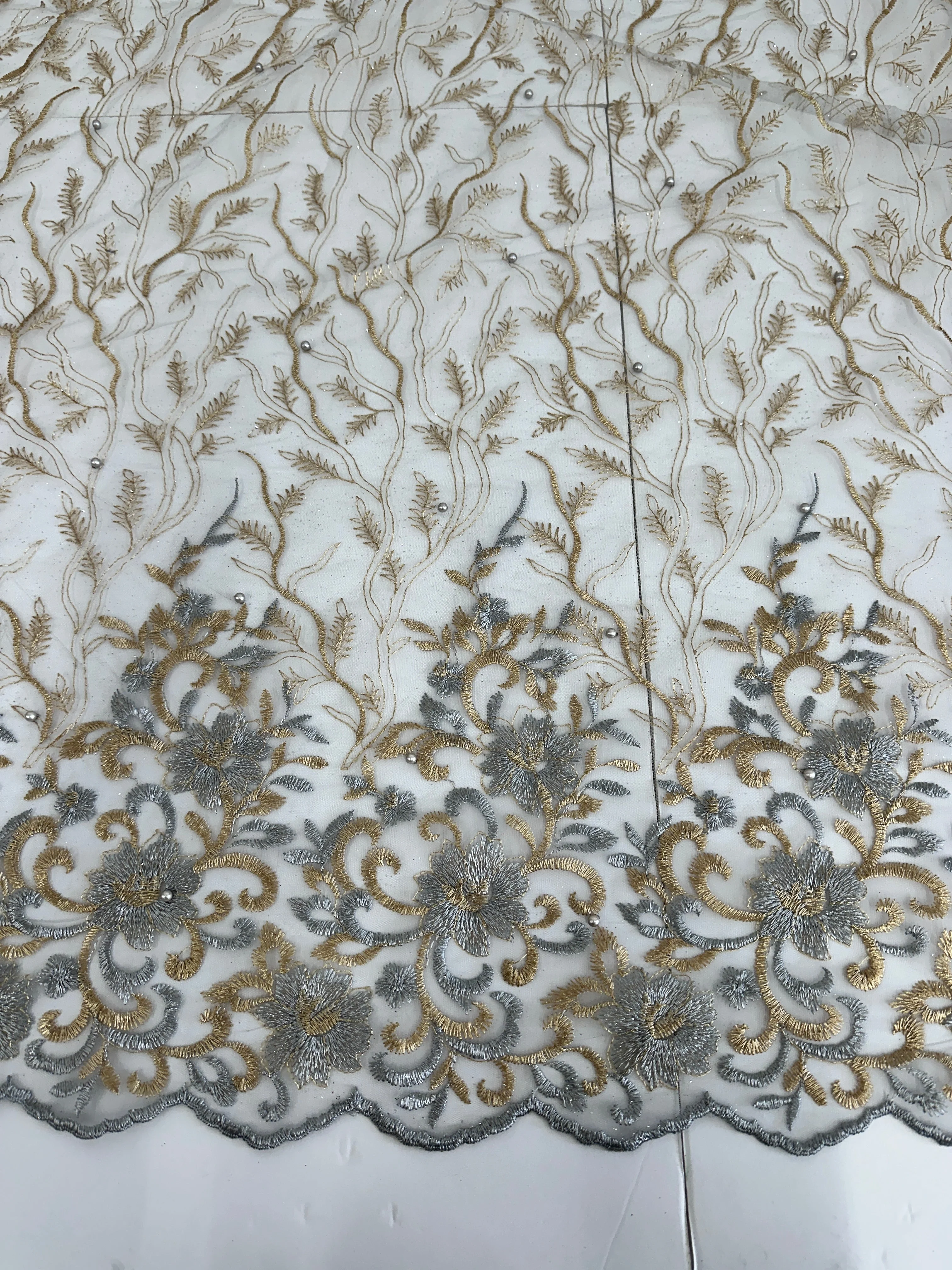 Gold-Silver Embroidered Glitter Floral Scalloped Lace - Image 3