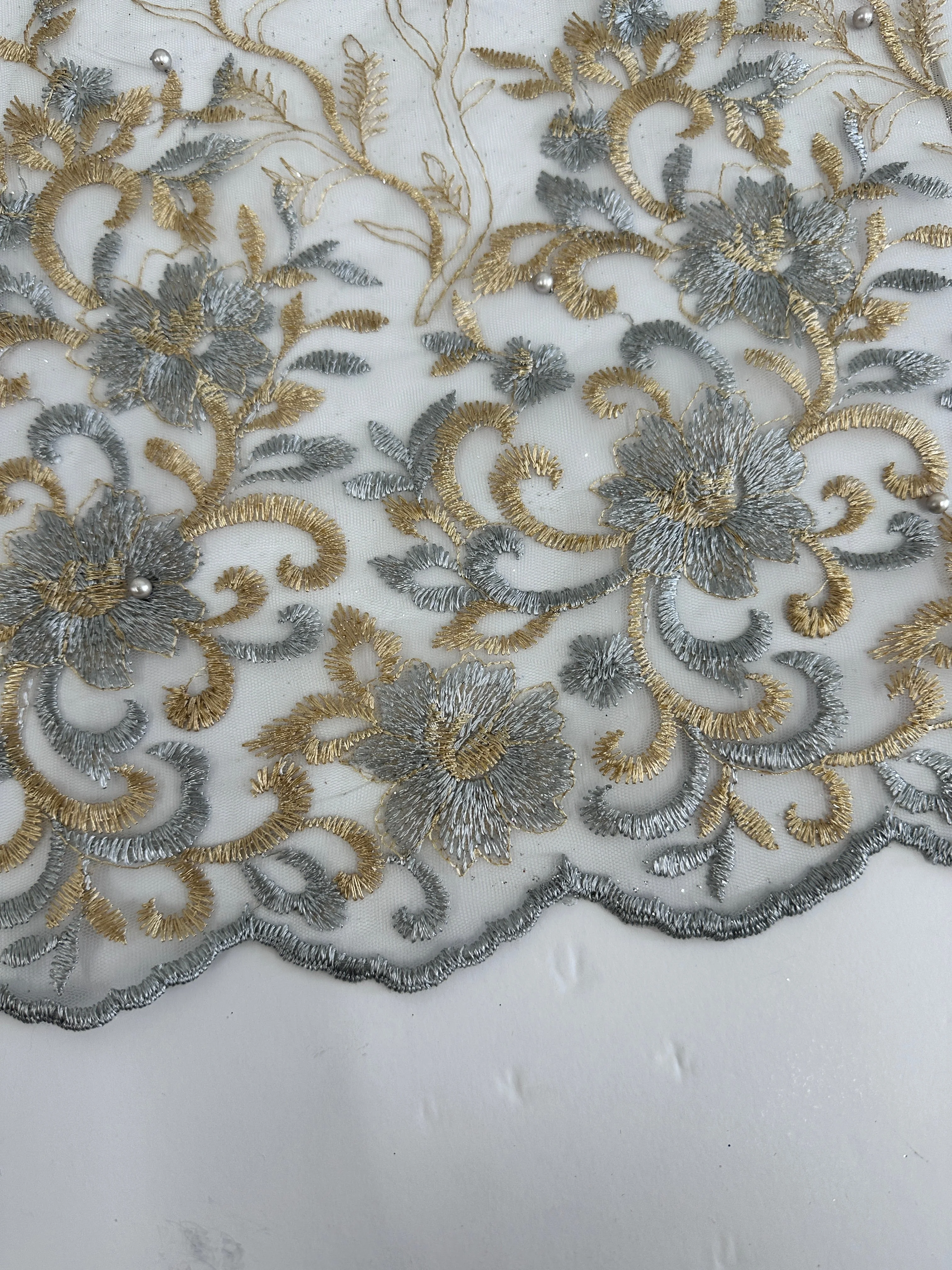 Gold-Silver Embroidered Glitter Floral Scalloped Lace - Image 5
