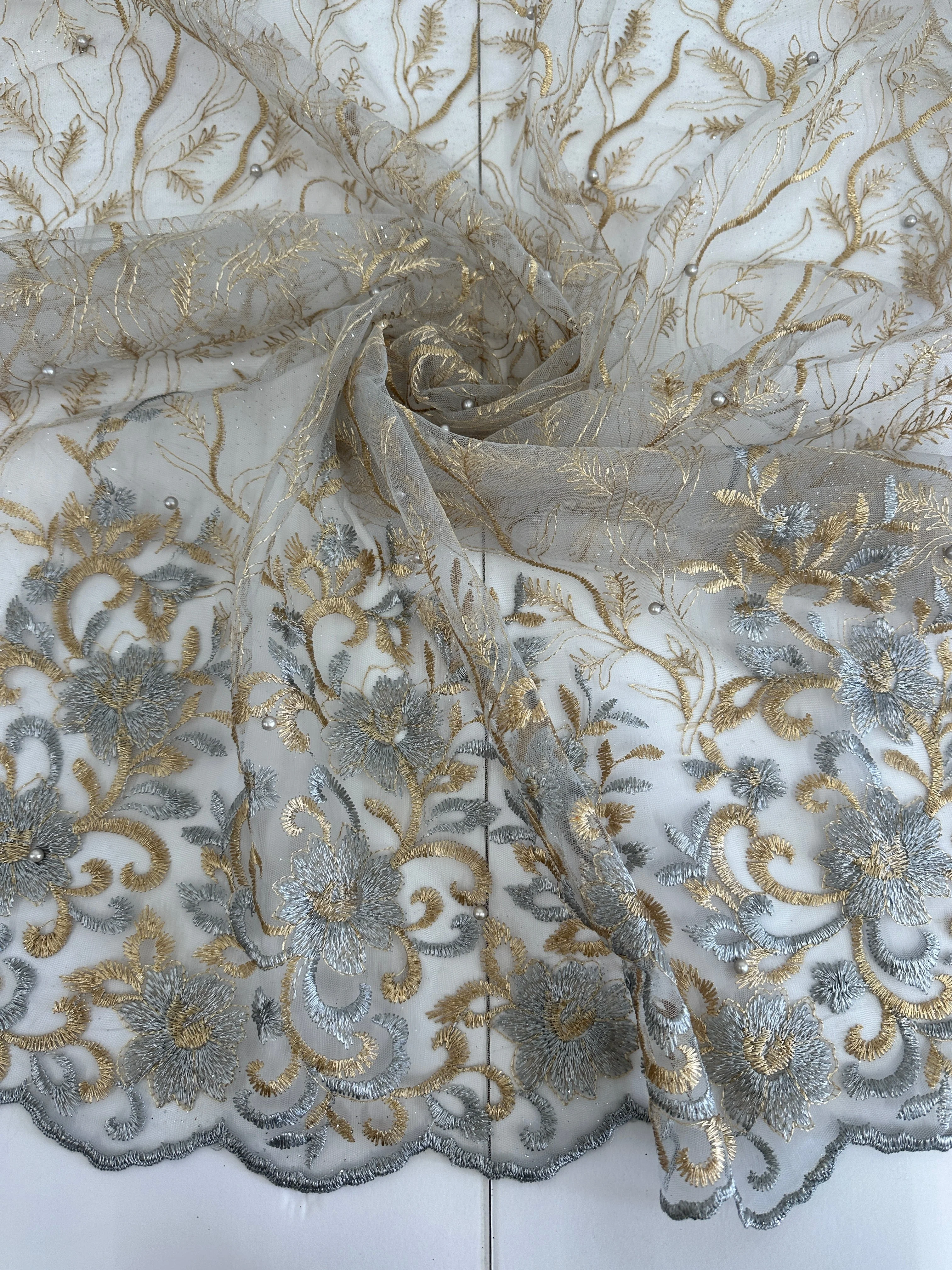 Gold-Silver Embroidered Glitter Floral Scalloped Lace - Image 6
