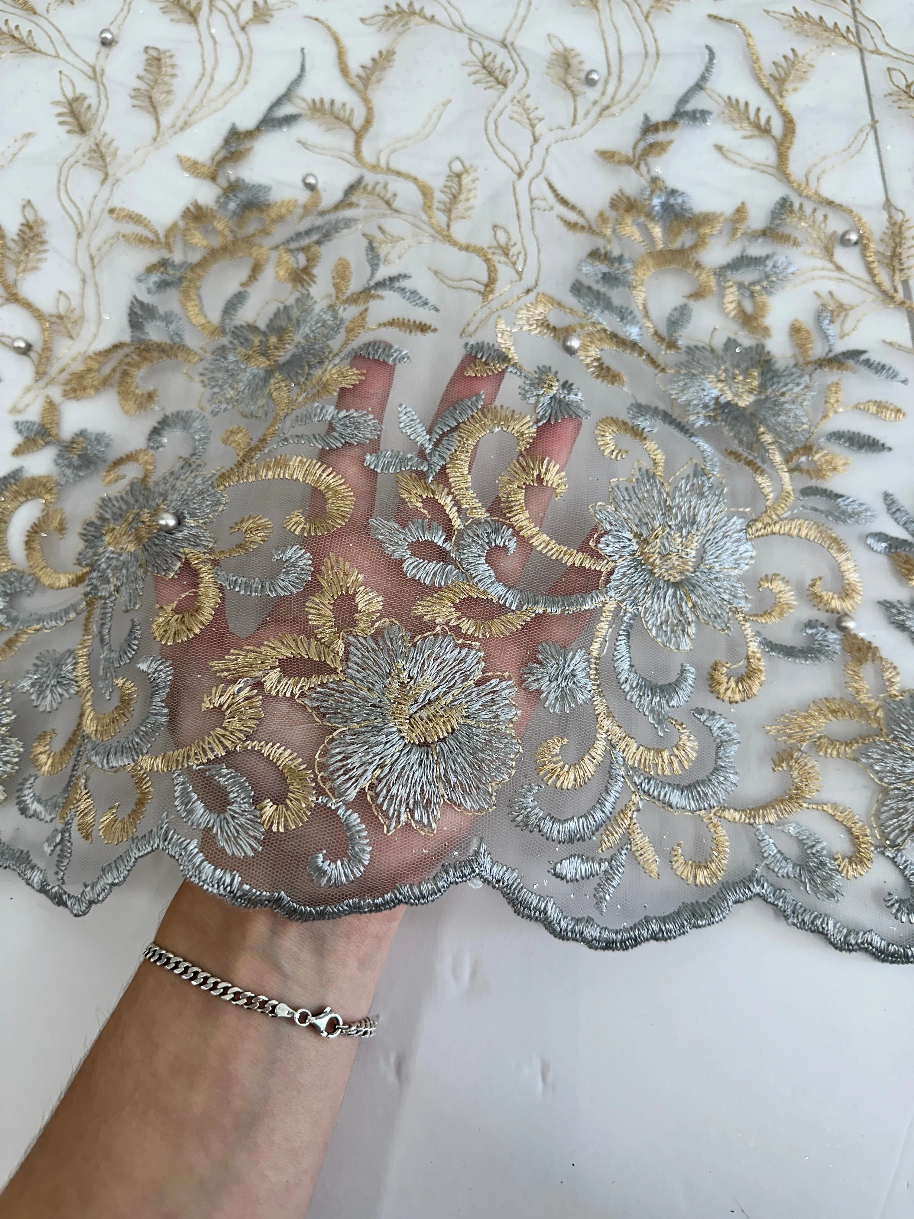 Gold-Silver Embroidered Glitter Floral Scalloped Lace - Image 7