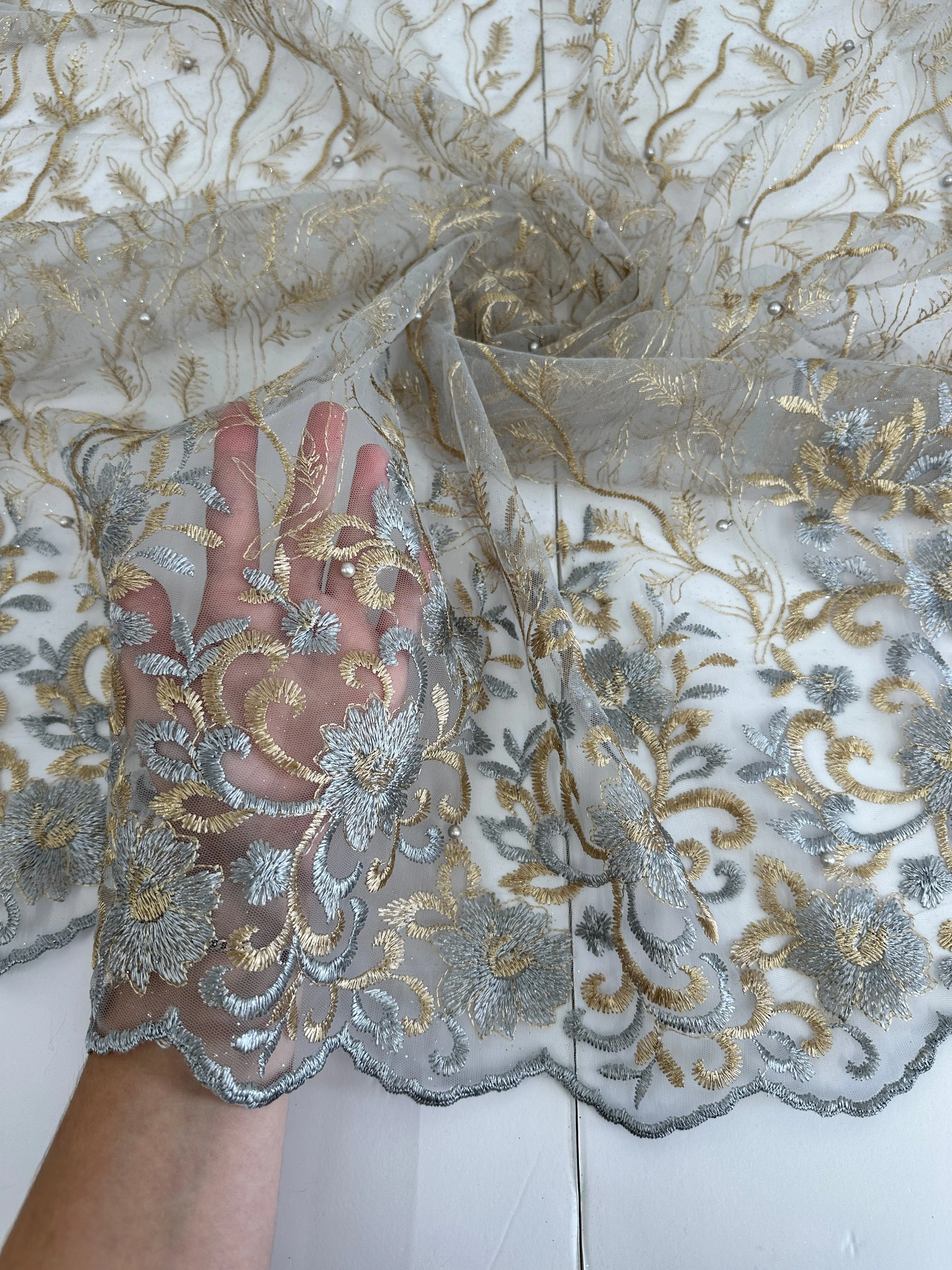 Gold-Silver Embroidered Glitter Floral Scalloped Lace - Image 8