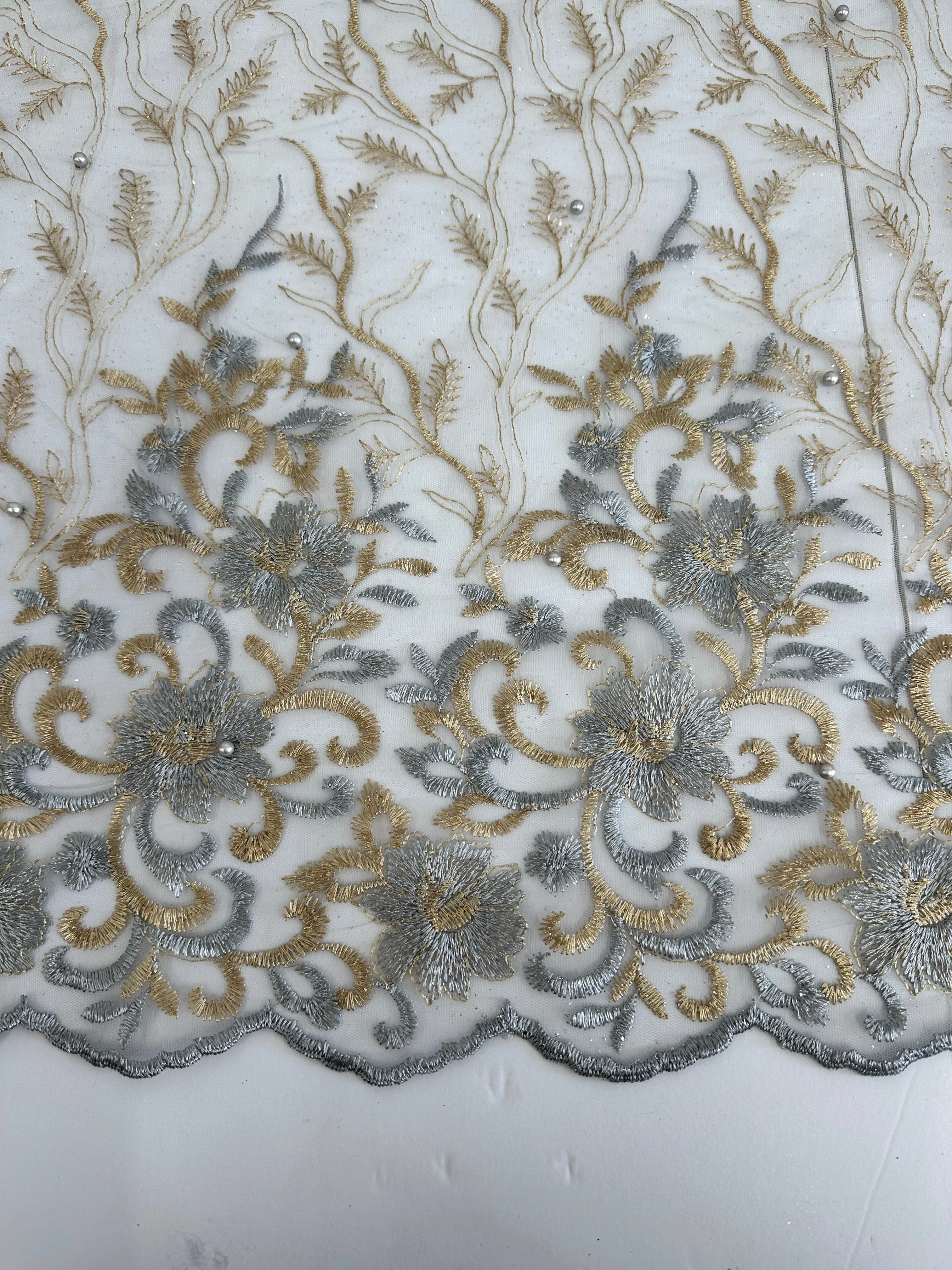 Gold-Silver Embroidered Glitter Floral Scalloped Lace - Image 9